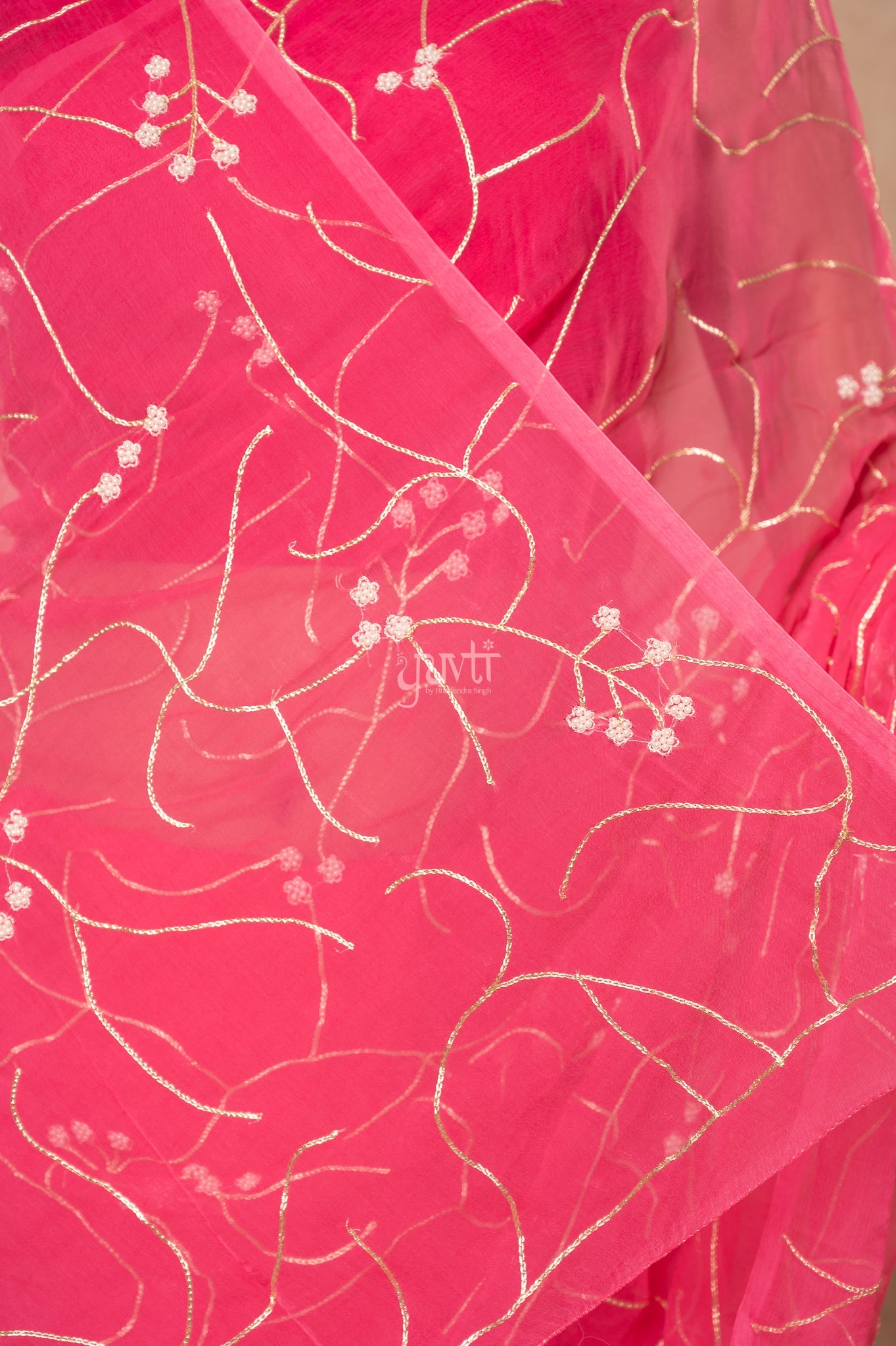 Gajri Pink Viscose Chiffon Aari Pearl  Handwork  Saree