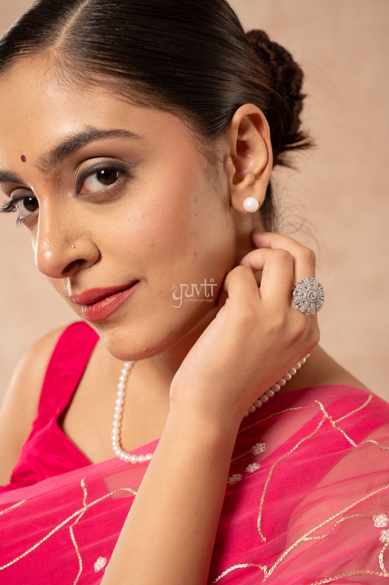 Gajri Pink Viscose Chiffon Aari Pearl  Handwork  Saree