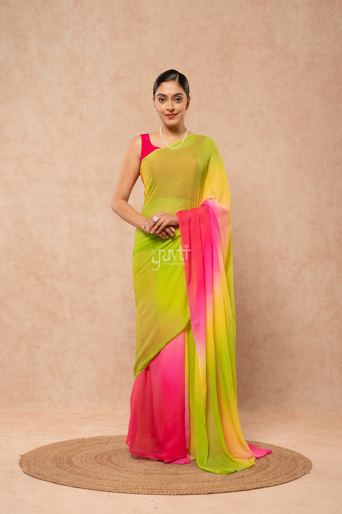 Green Yellow Rani Pink Pure Chiffon Multicolour Hand-Dye  Saree