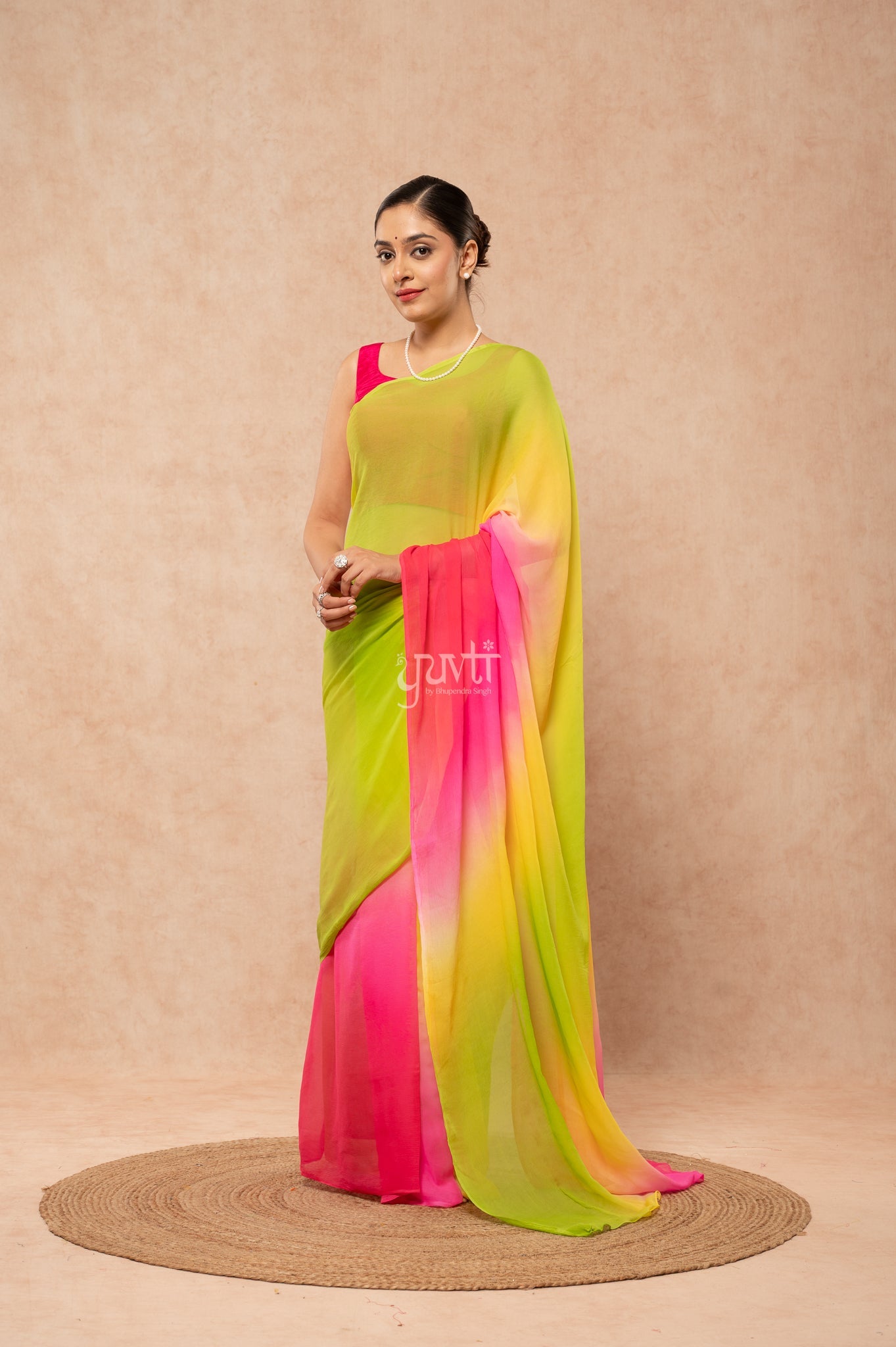Green Yellow Rani Pink Pure Chiffon Multicolour Hand-Dye  Saree