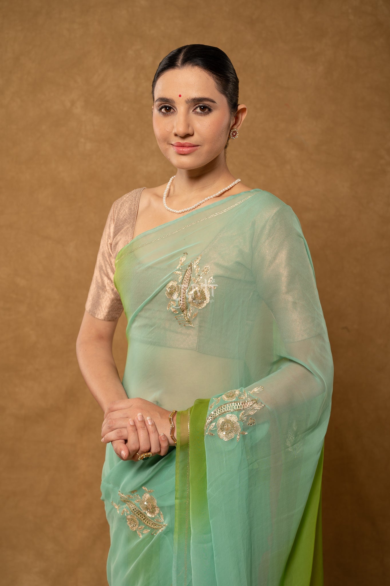 Green Shaded Viscose Chiffon Aari Sequins Cut Work Motif Handwork  Saree