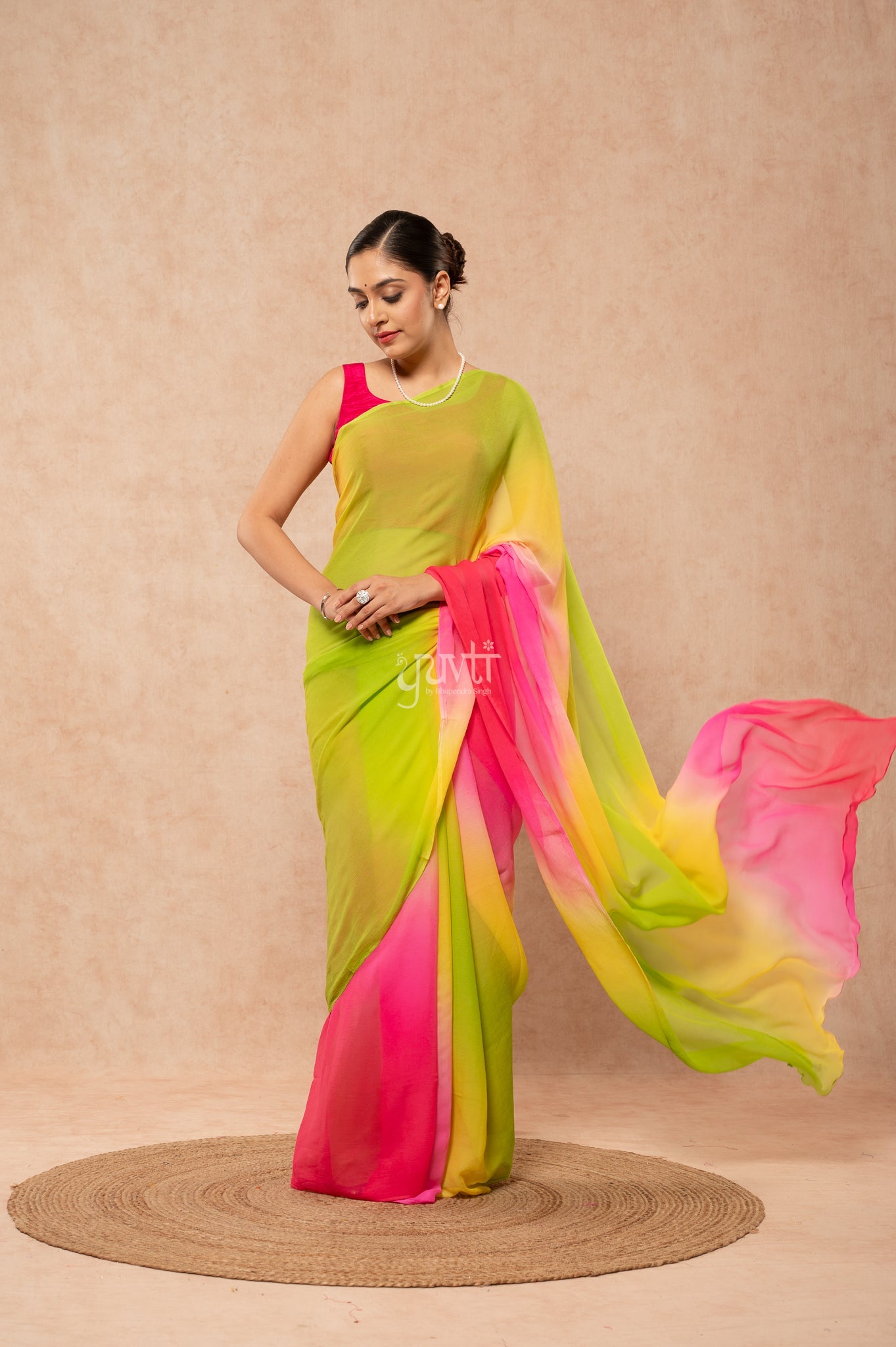 Green Yellow Rani Pink Pure Chiffon Multicolour Hand-Dye  Saree