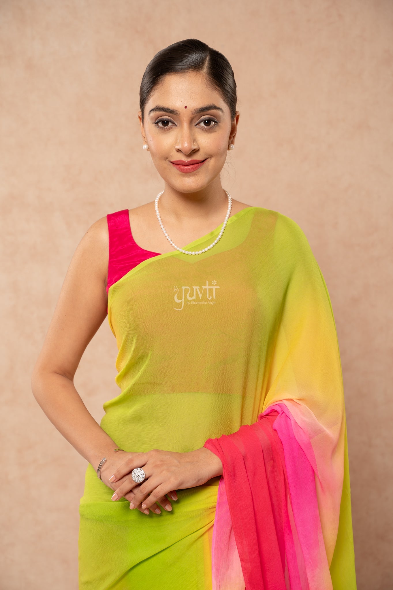 Green Yellow Rani Pink Pure Chiffon Multicolour Hand-Dye  Saree