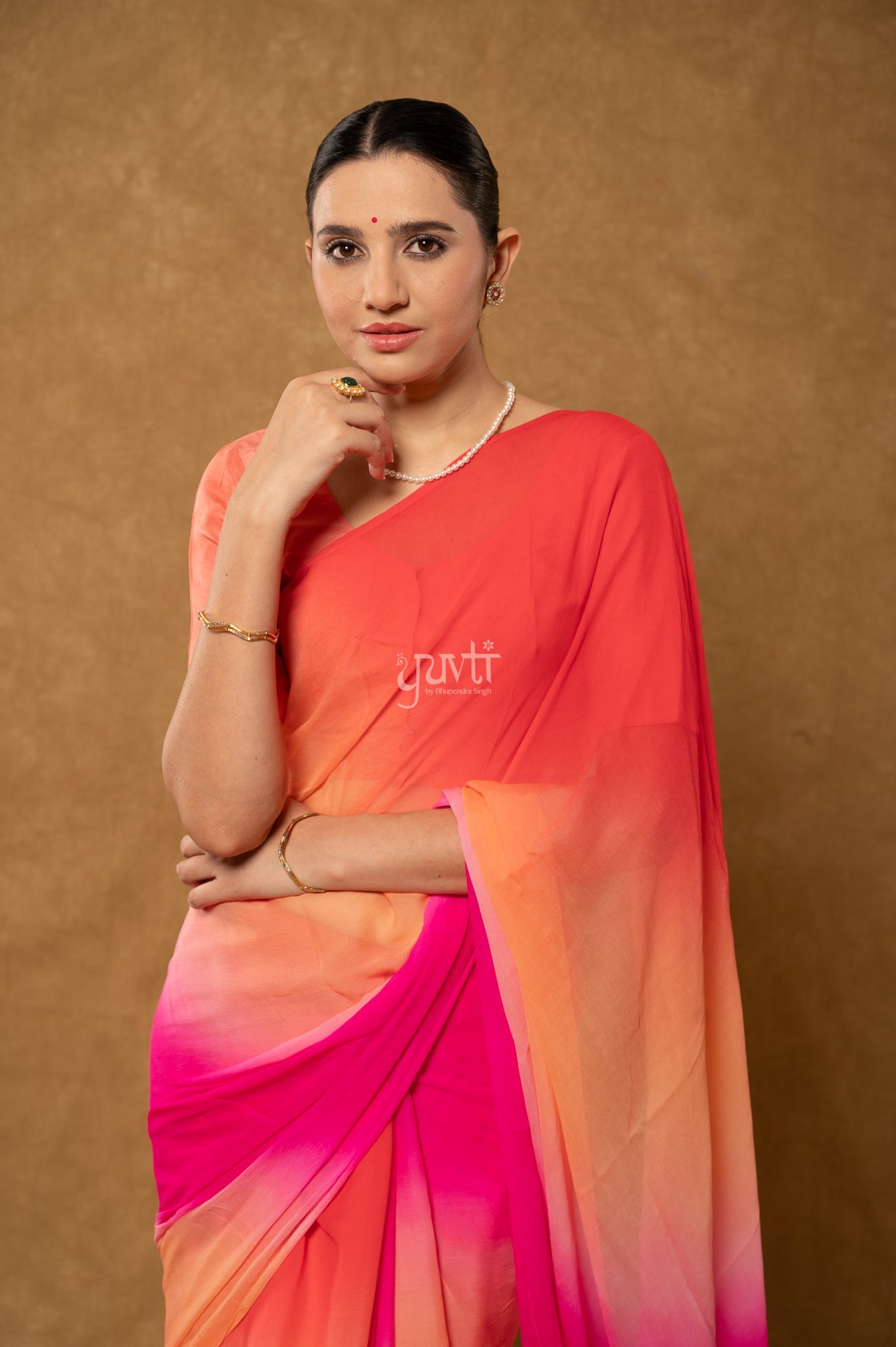Red Peach Rani Shaded Pure Chiffon  Hand-Dye  Saree  with Blouse
