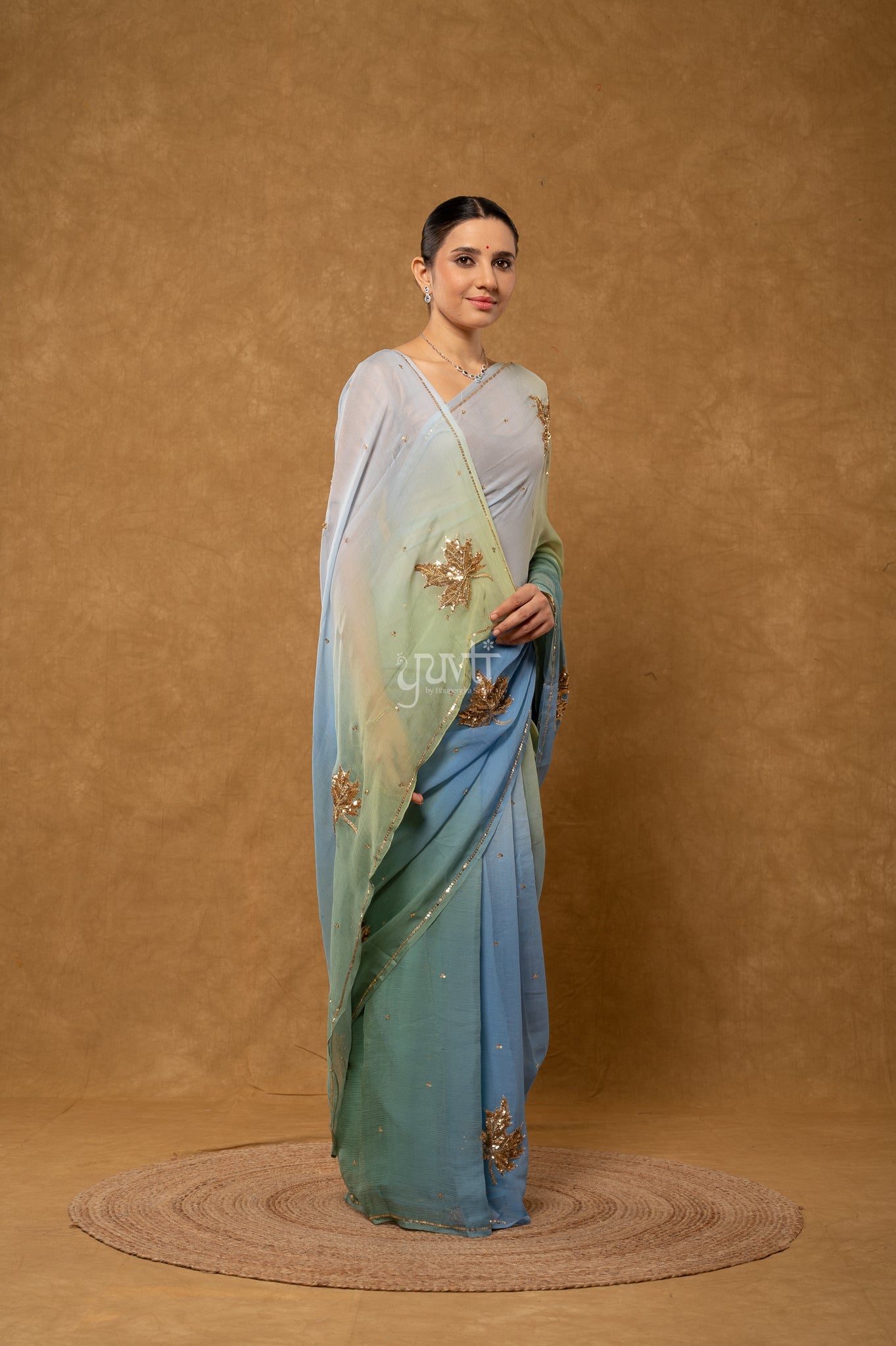 Grey Sea Green Shaded Pure Chiffon Sequins Kardana Motifs ( Butti ) Handwork Party  Saree