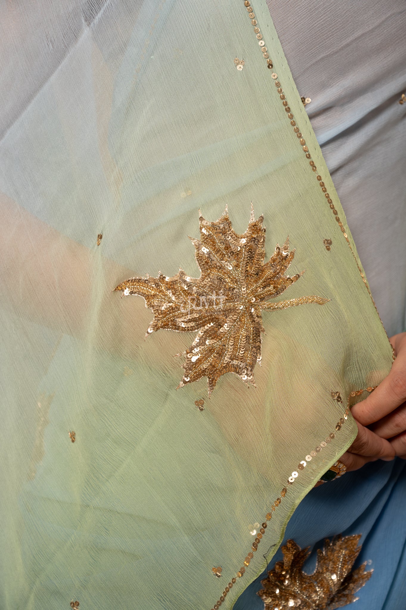 Grey Sea Green Shaded Pure Chiffon Sequins Kardana Motifs ( Butti ) Handwork Party  Saree