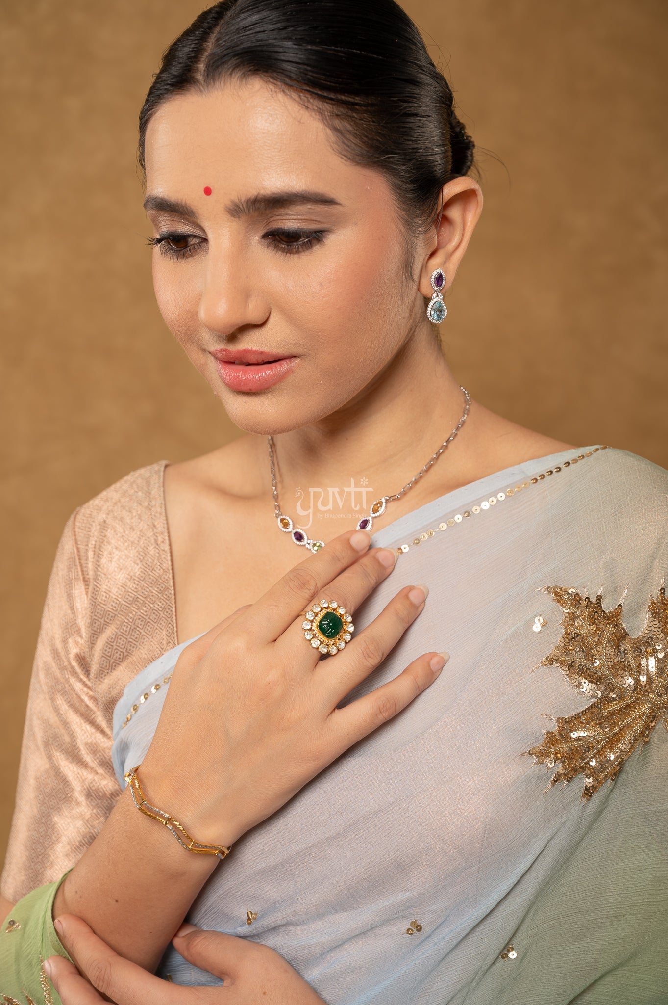 Grey Sea Green Shaded Pure Chiffon Sequins Kardana Motifs ( Butti ) Handwork Party  Saree