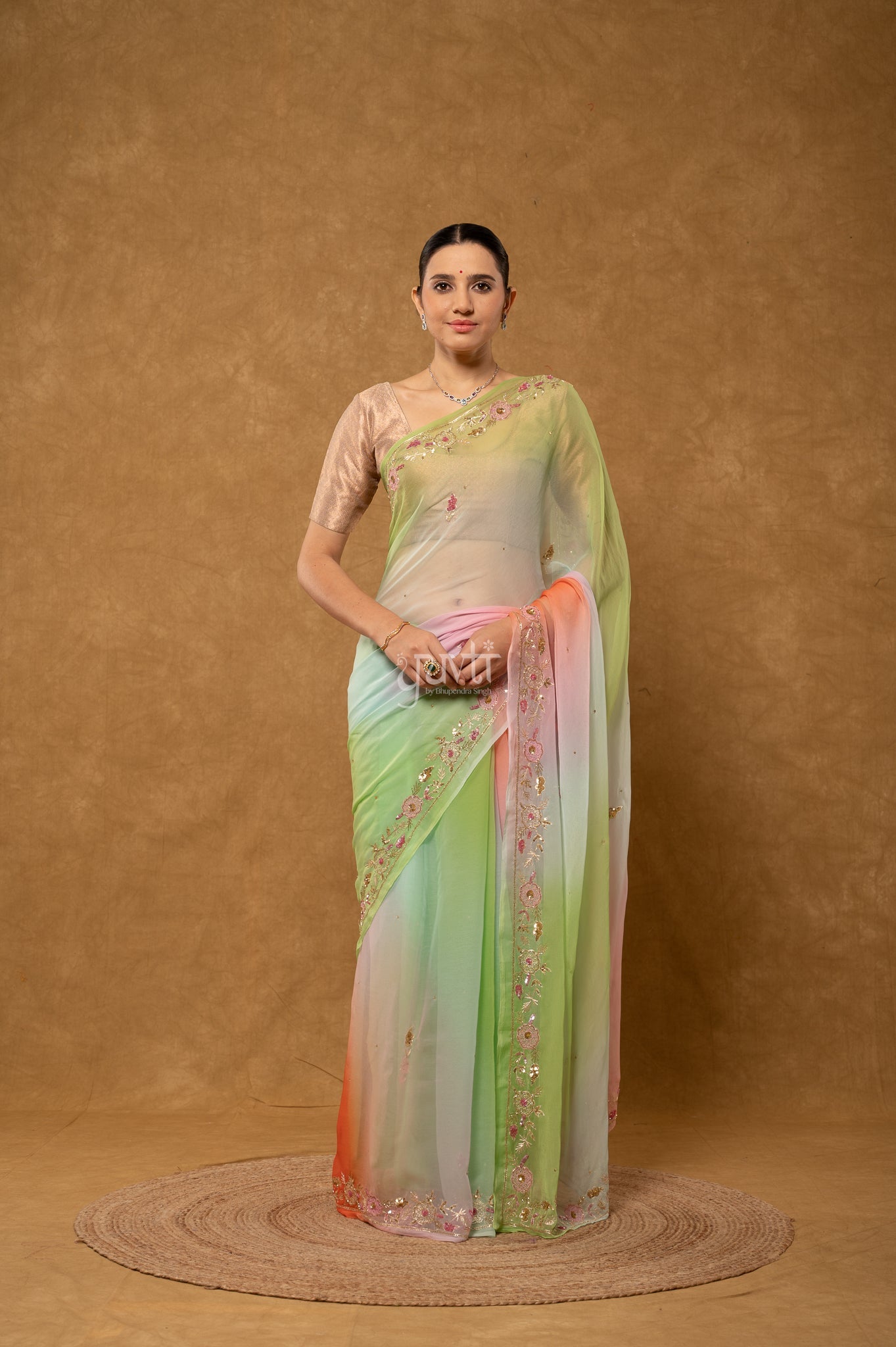 Orange Green Sea Green Shaded Viscose Chiffon Aari Sequins Kardana Border Butti handwork  Saree