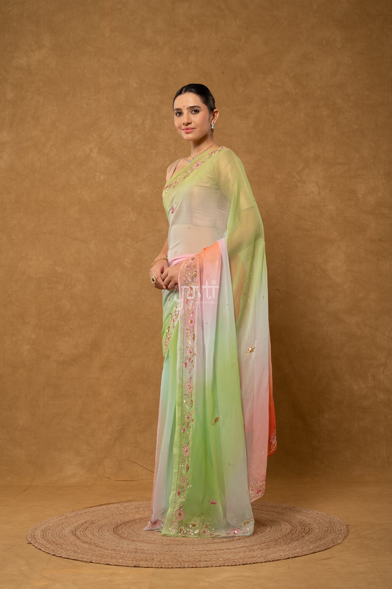 Orange Green Sea Green Shaded Viscose Chiffon Aari Sequins Kardana Border Butti handwork  Saree
