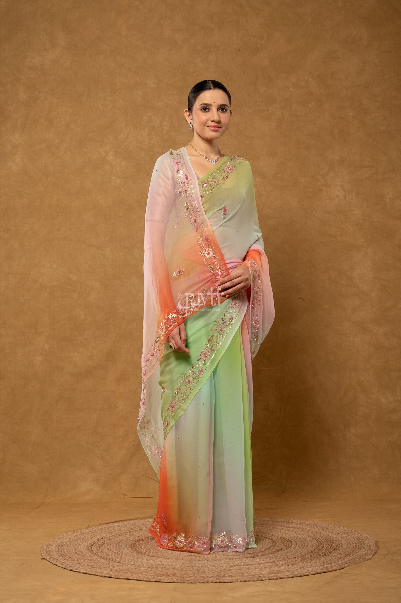 Orange Green Sea Green Shaded Viscose Chiffon Aari Sequins Kardana Border Butti handwork  Saree