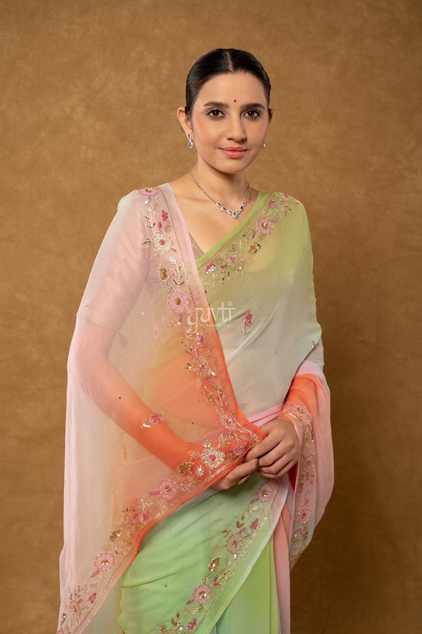 Orange Green Sea Green Shaded Viscose Chiffon Aari Sequins Kardana Border Butti handwork  Saree