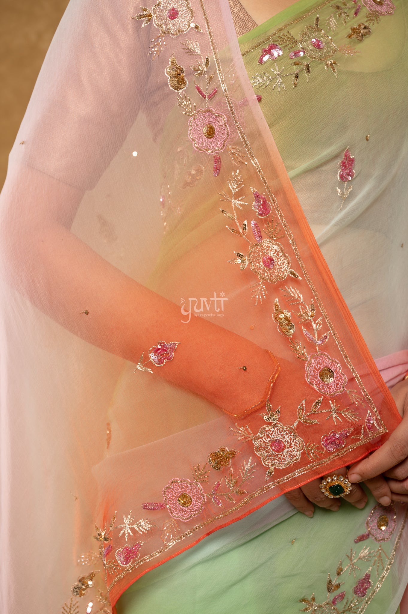 Orange Green Sea Green Shaded Viscose Chiffon Aari Sequins Kardana Border Butti handwork  Saree