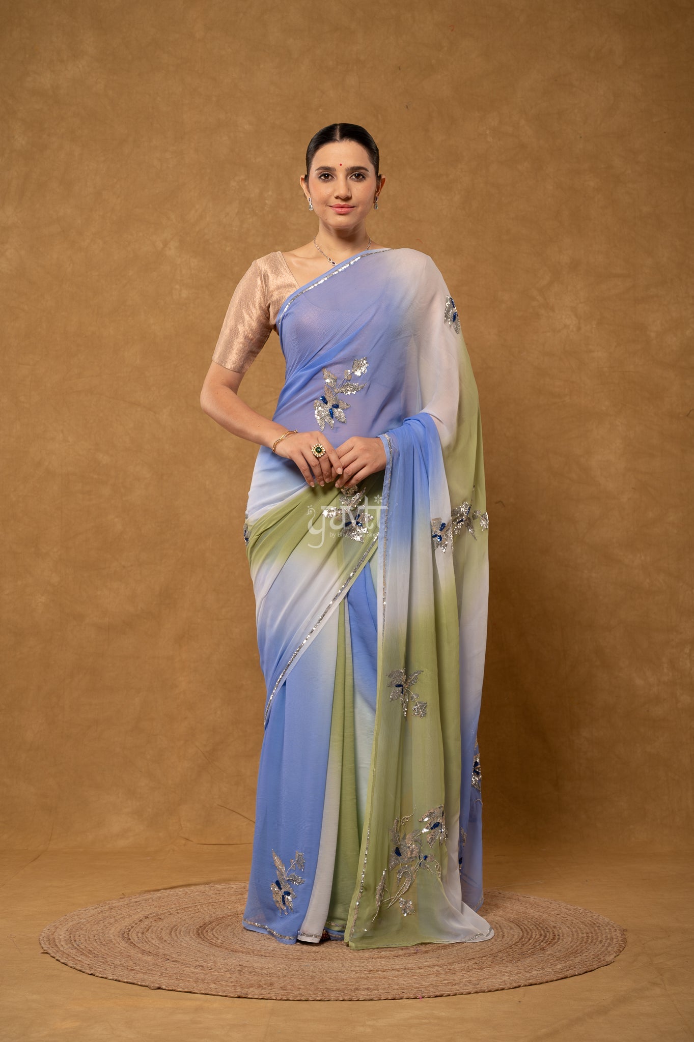 Blue Olive Green Shaded Pure Chiffon Sequins Kardana Motifs ( Butti ) handwork Party  Saree