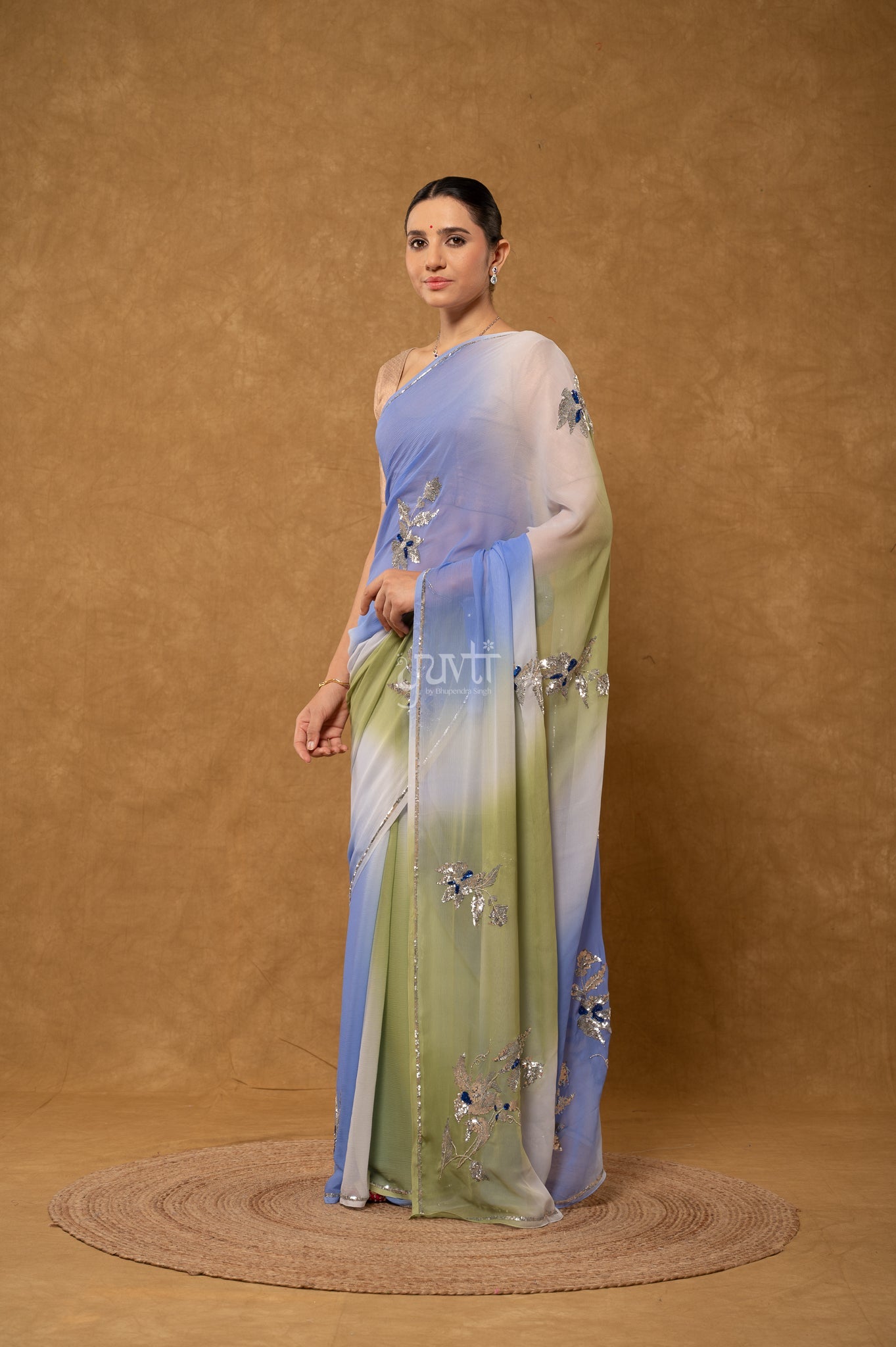 Blue Olive Green Shaded Pure Chiffon Sequins Kardana Motifs ( Butti ) handwork Party  Saree