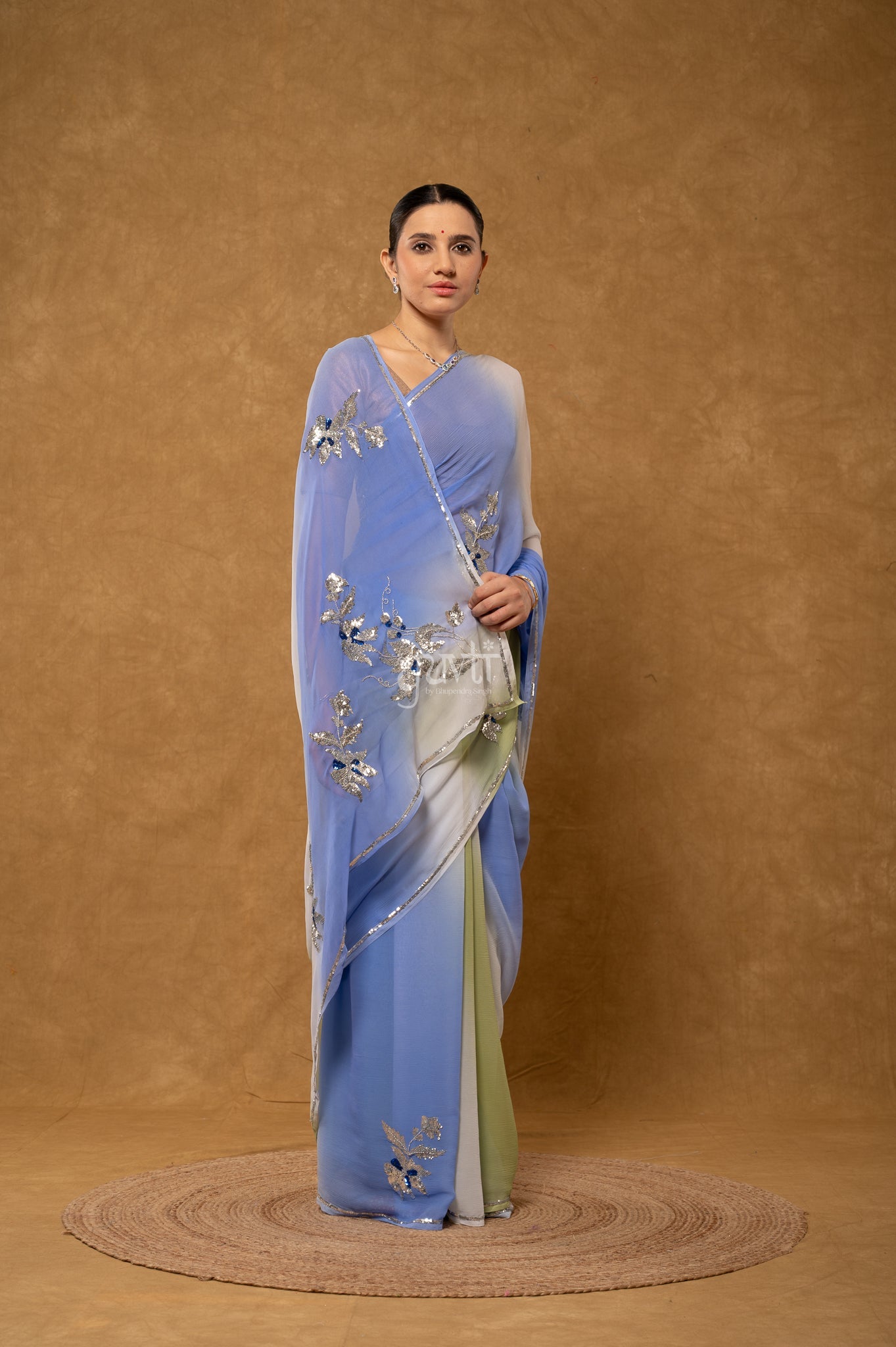 Blue Olive Green Shaded Pure Chiffon Sequins Kardana Motifs ( Butti ) handwork Party  Saree