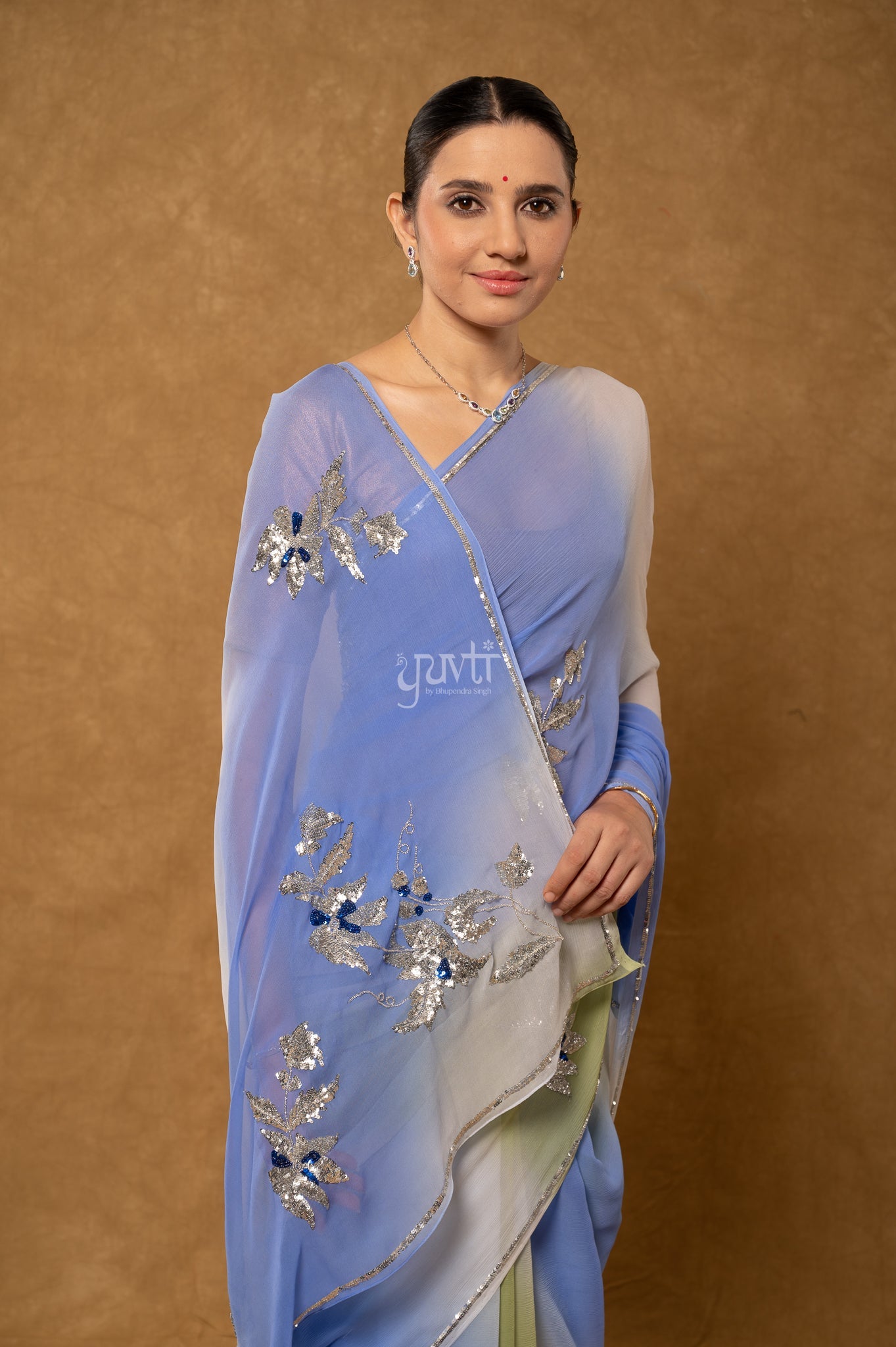 Blue Olive Green Shaded Pure Chiffon Sequins Kardana Motifs ( Butti ) handwork Party  Saree