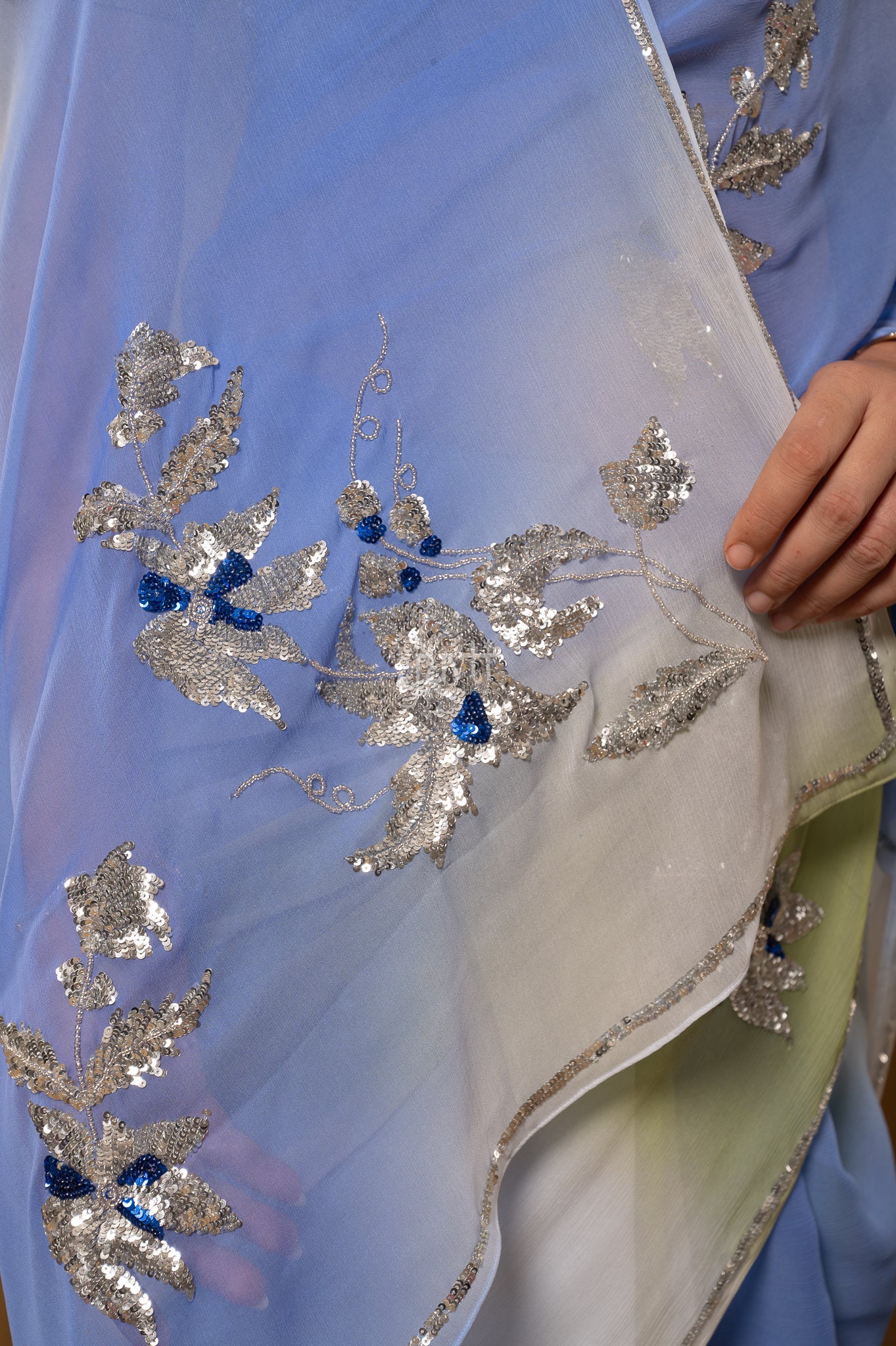 Blue Olive Green Shaded Pure Chiffon Sequins Kardana Motifs ( Butti ) handwork Party  Saree