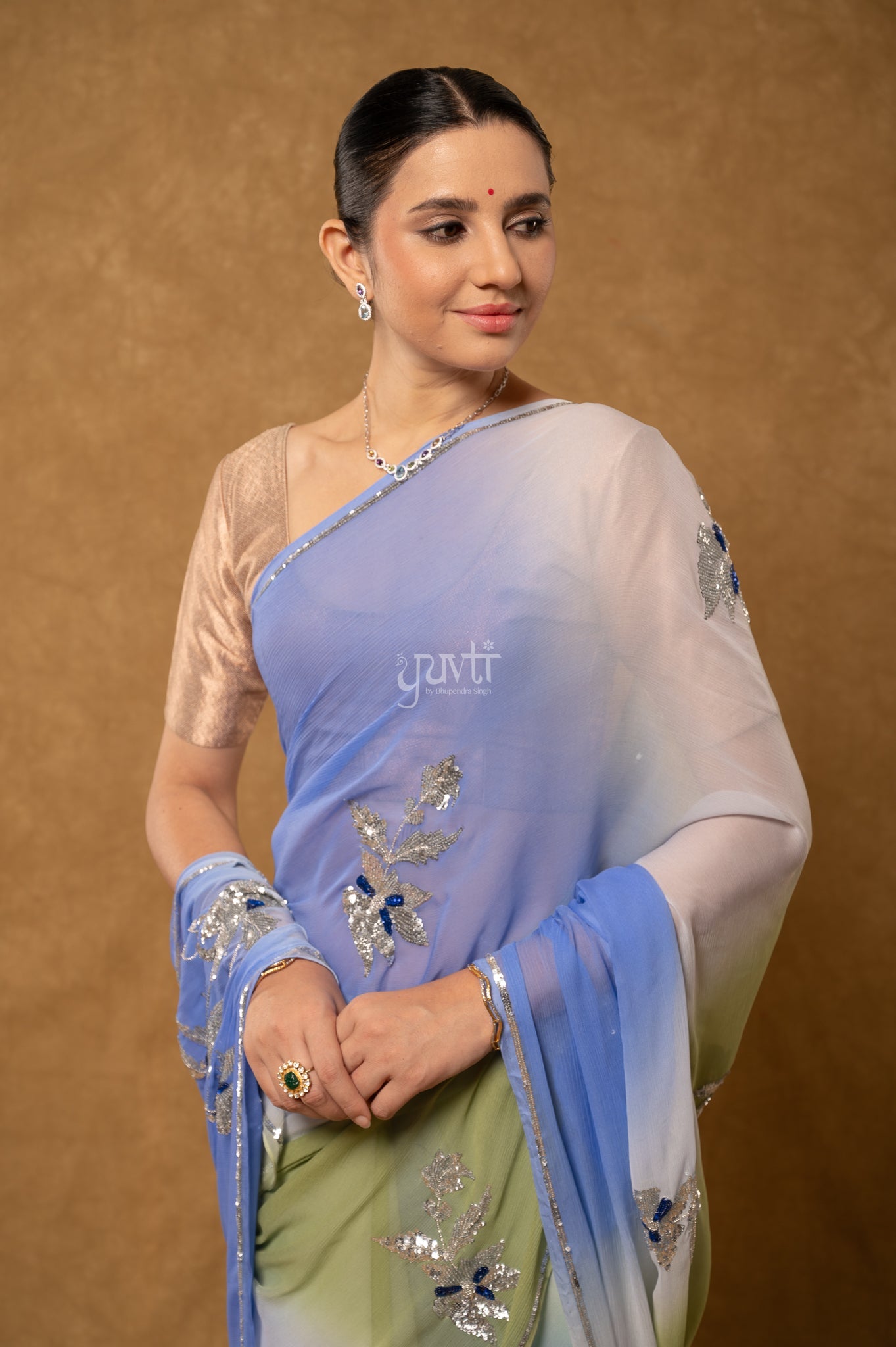 Blue Olive Green Shaded Pure Chiffon Sequins Kardana Motifs ( Butti ) handwork Party  Saree