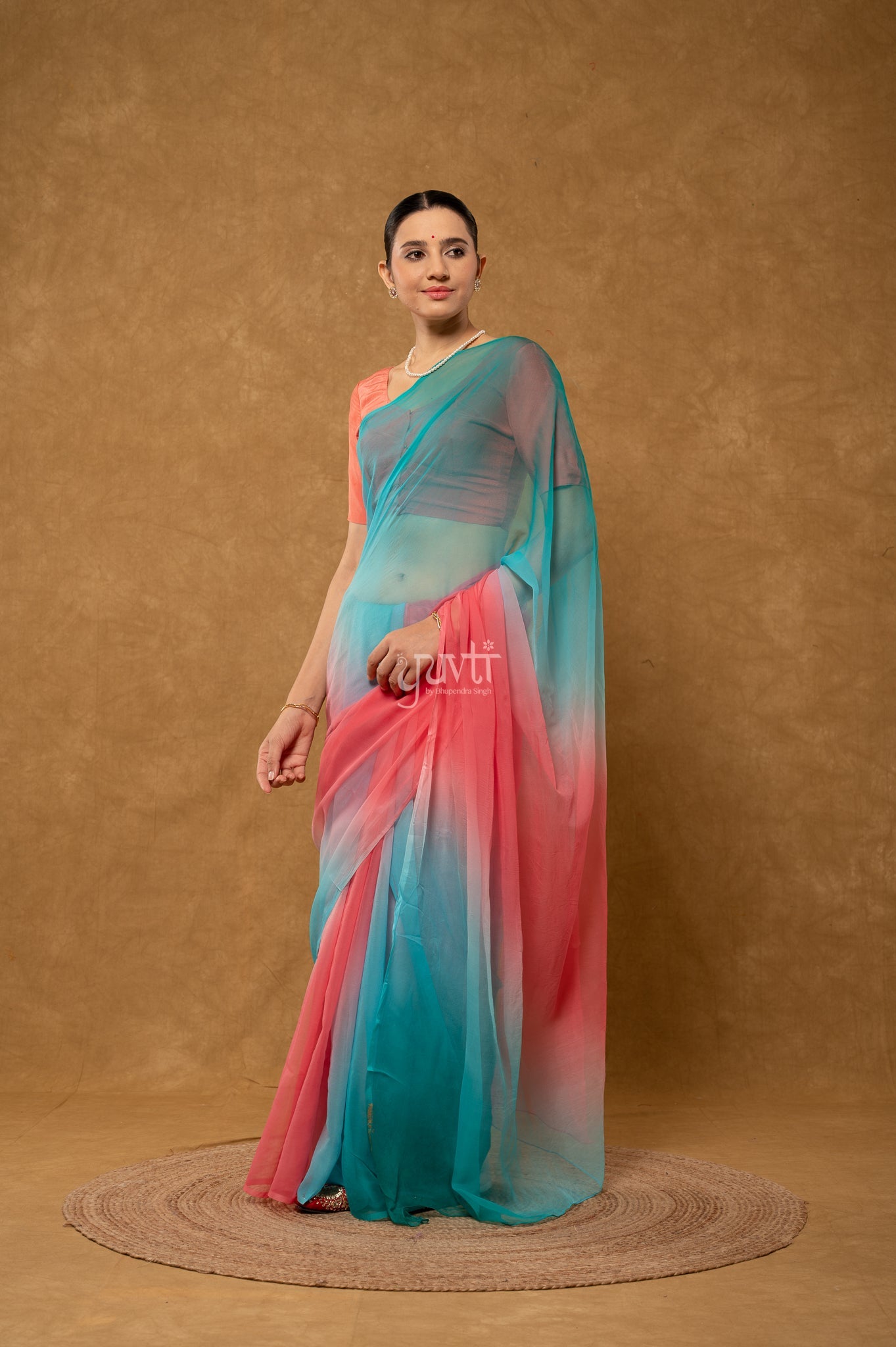 Rama Sky Gajri Shaded Pure Georgette  Hand-Dye  Saree  with Blouse
