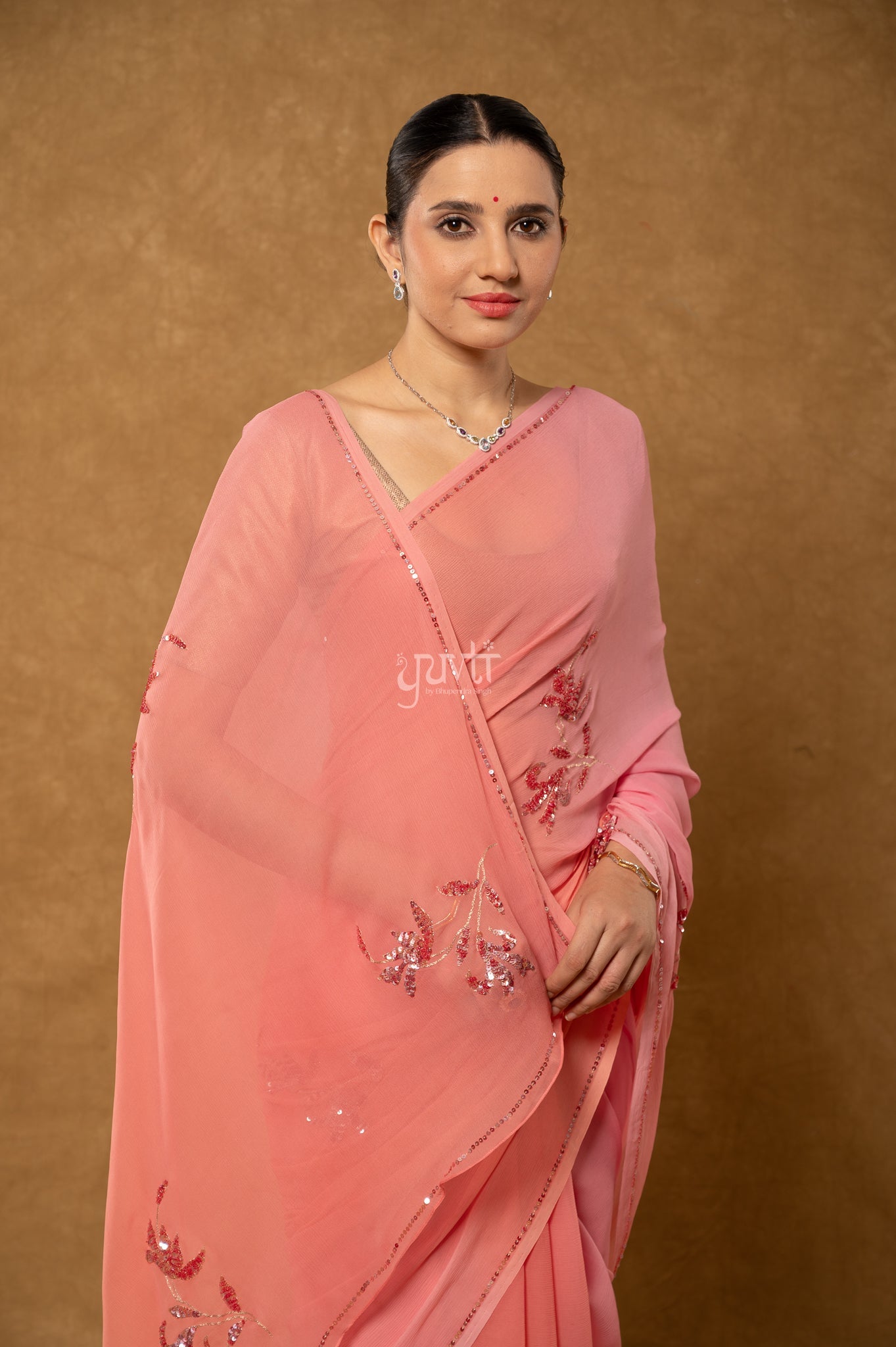 Pink Peach Shaded Pure Chiffon Aari Sequins Motifs ( Butti ) Handwork Party  Saree