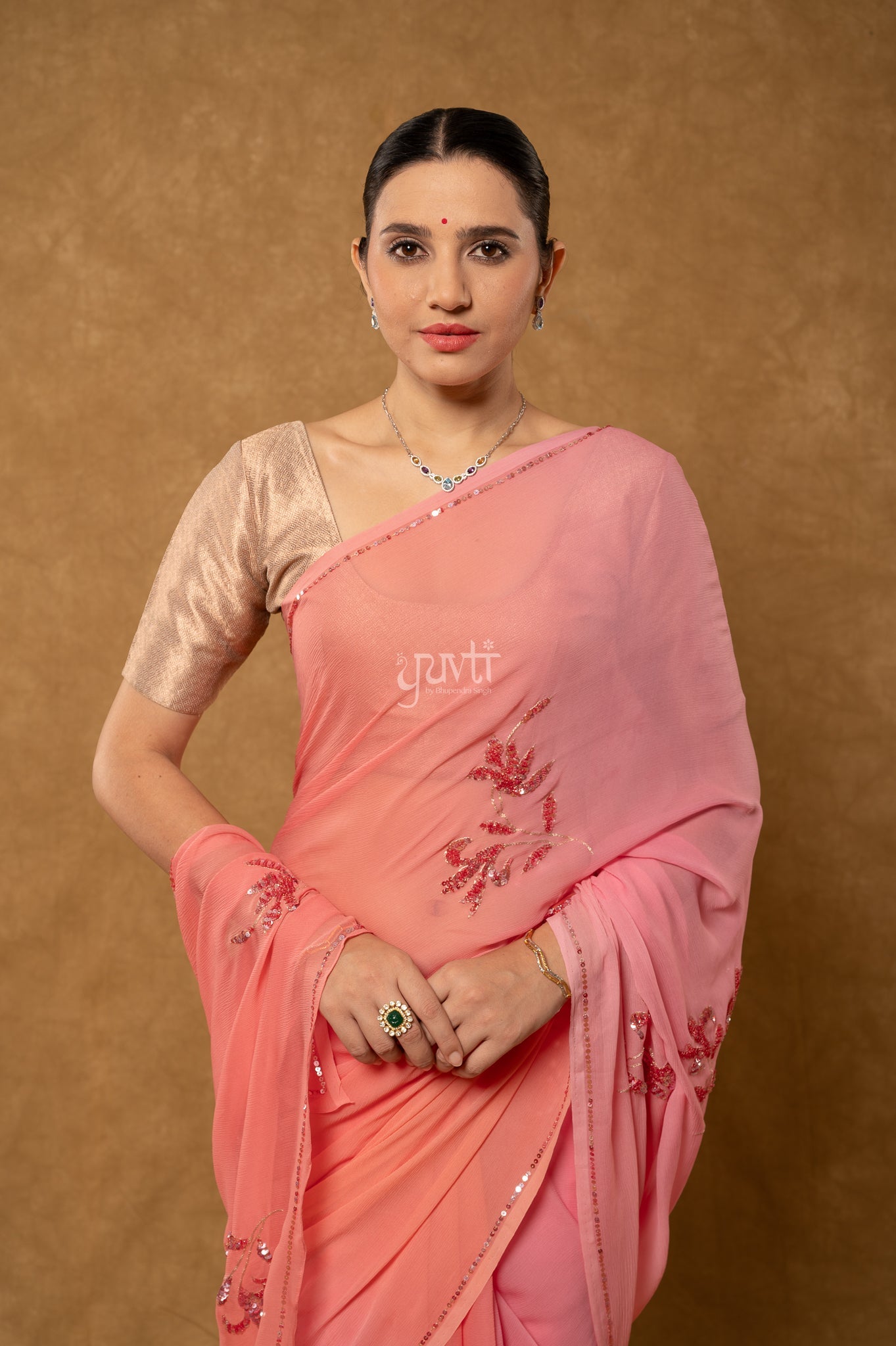 Pink Peach Shaded Pure Chiffon Aari Sequins Motifs ( Butti ) Handwork Party  Saree