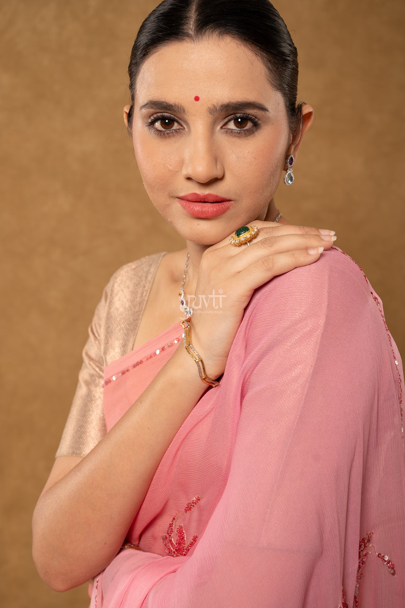 Pink Peach Shaded Pure Chiffon Aari Sequins Motifs ( Butti ) Handwork Party  Saree