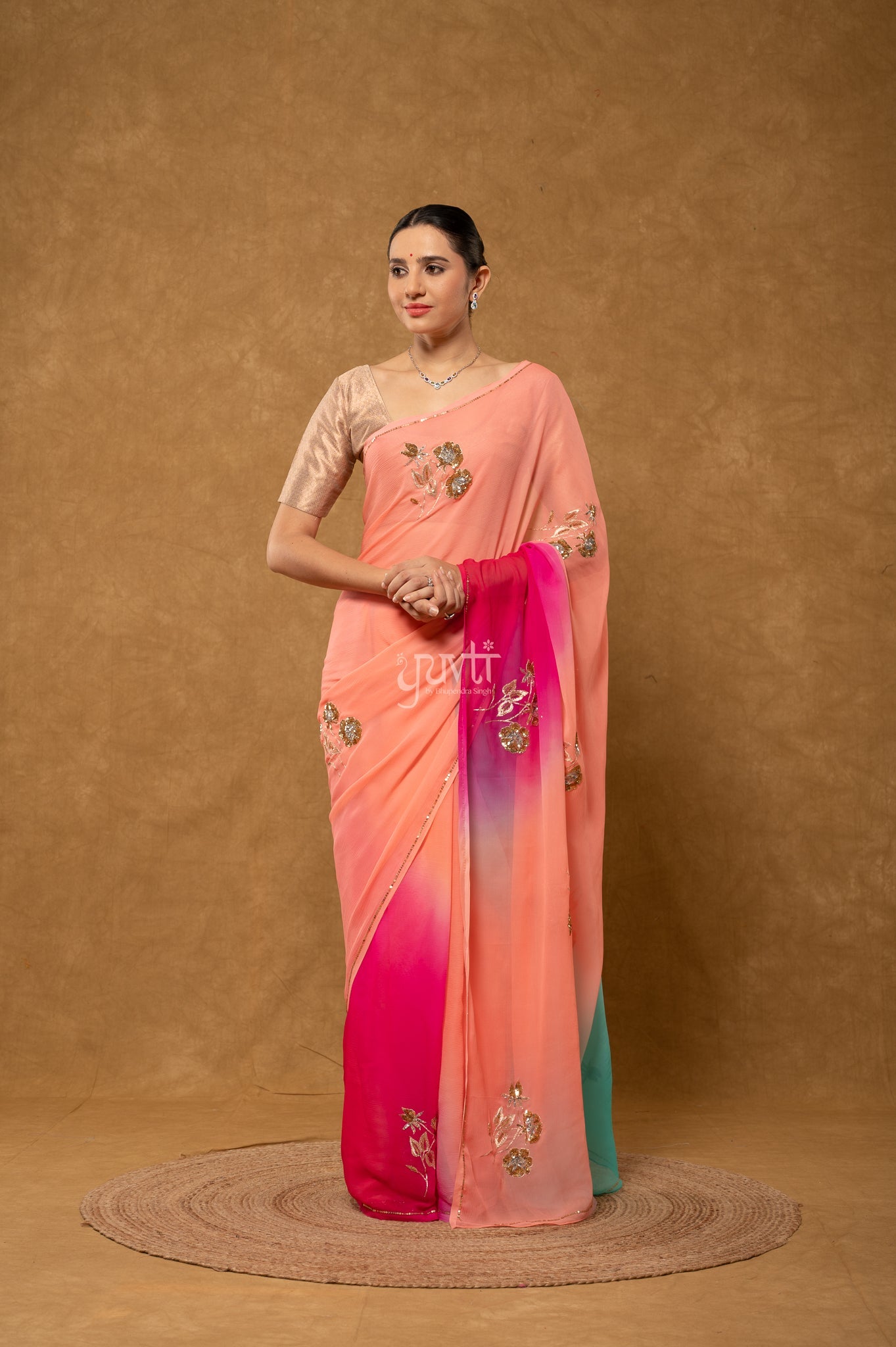 Rani Peach Sky Blue Shaded Pure Chiffon Aari Sequins Motifs ( Butti ) Handwork Party  Saree