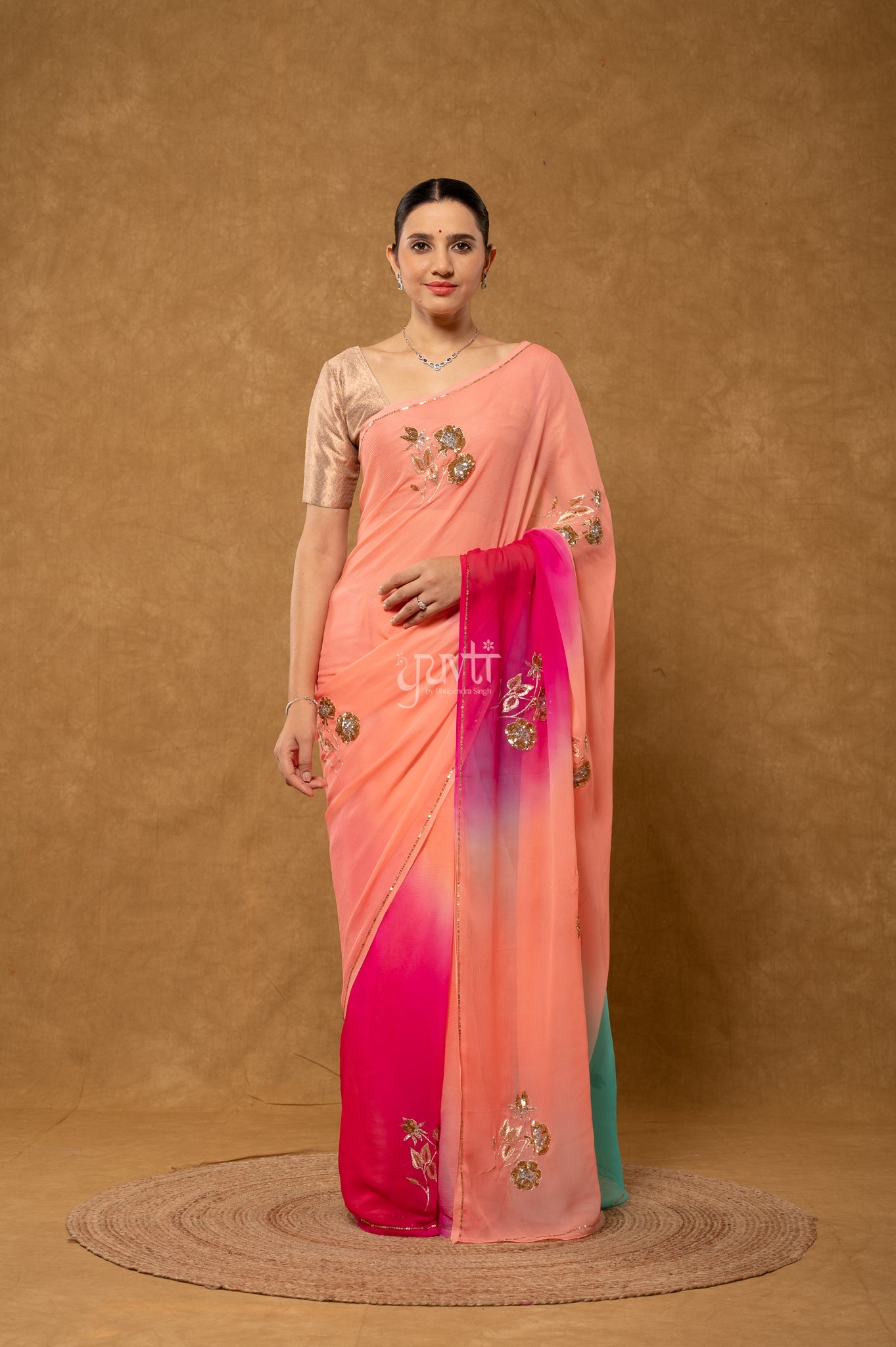 Rani Peach Sky Blue Shaded Pure Chiffon Aari Sequins Motifs ( Butti ) Handwork Party  Saree