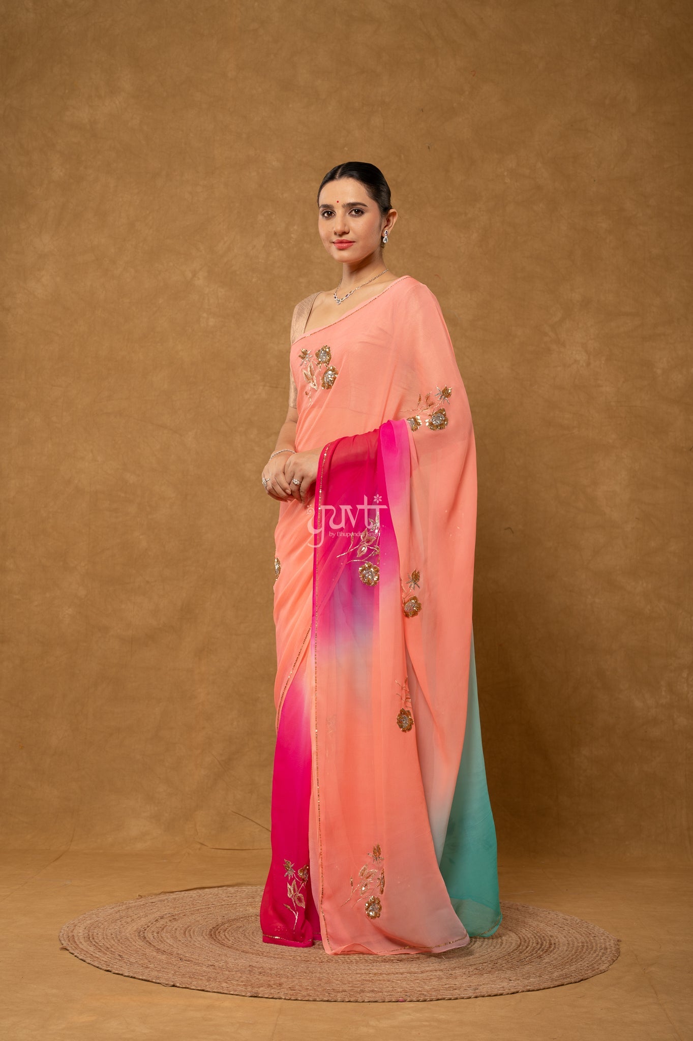 Rani Peach Sky Blue Shaded Pure Chiffon Aari Sequins Motifs ( Butti ) Handwork Party  Saree