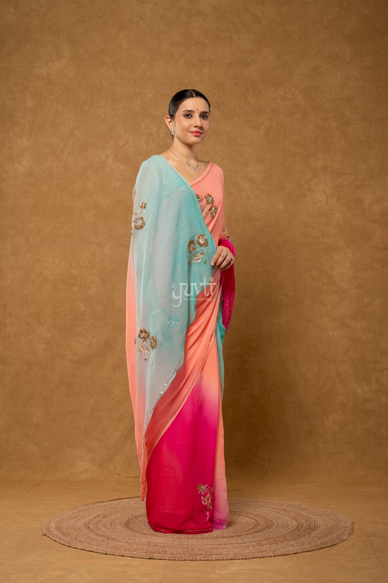 Rani Peach Sky Blue Shaded Pure Chiffon Aari Sequins Motifs ( Butti ) Handwork Party  Saree