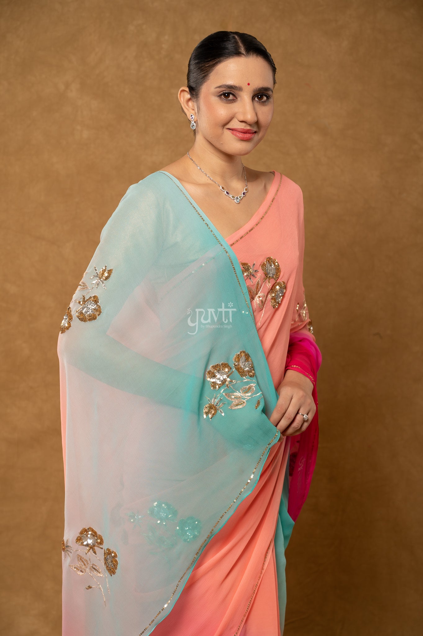 Rani Peach Sky Blue Shaded Pure Chiffon Aari Sequins Motifs ( Butti ) Handwork Party  Saree