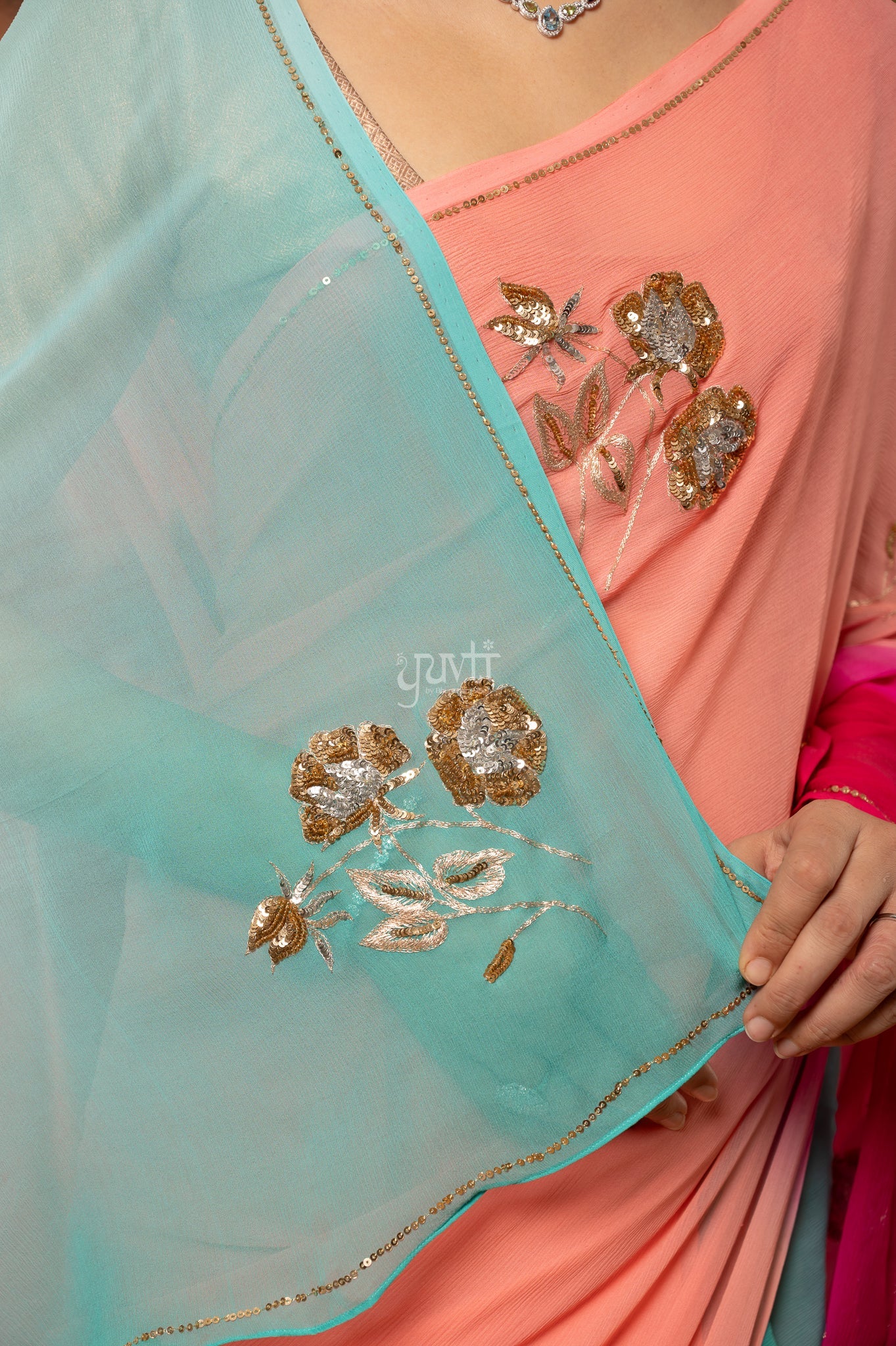 Rani Peach Sky Blue Shaded Pure Chiffon Aari Sequins Motifs ( Butti ) Handwork Party  Saree