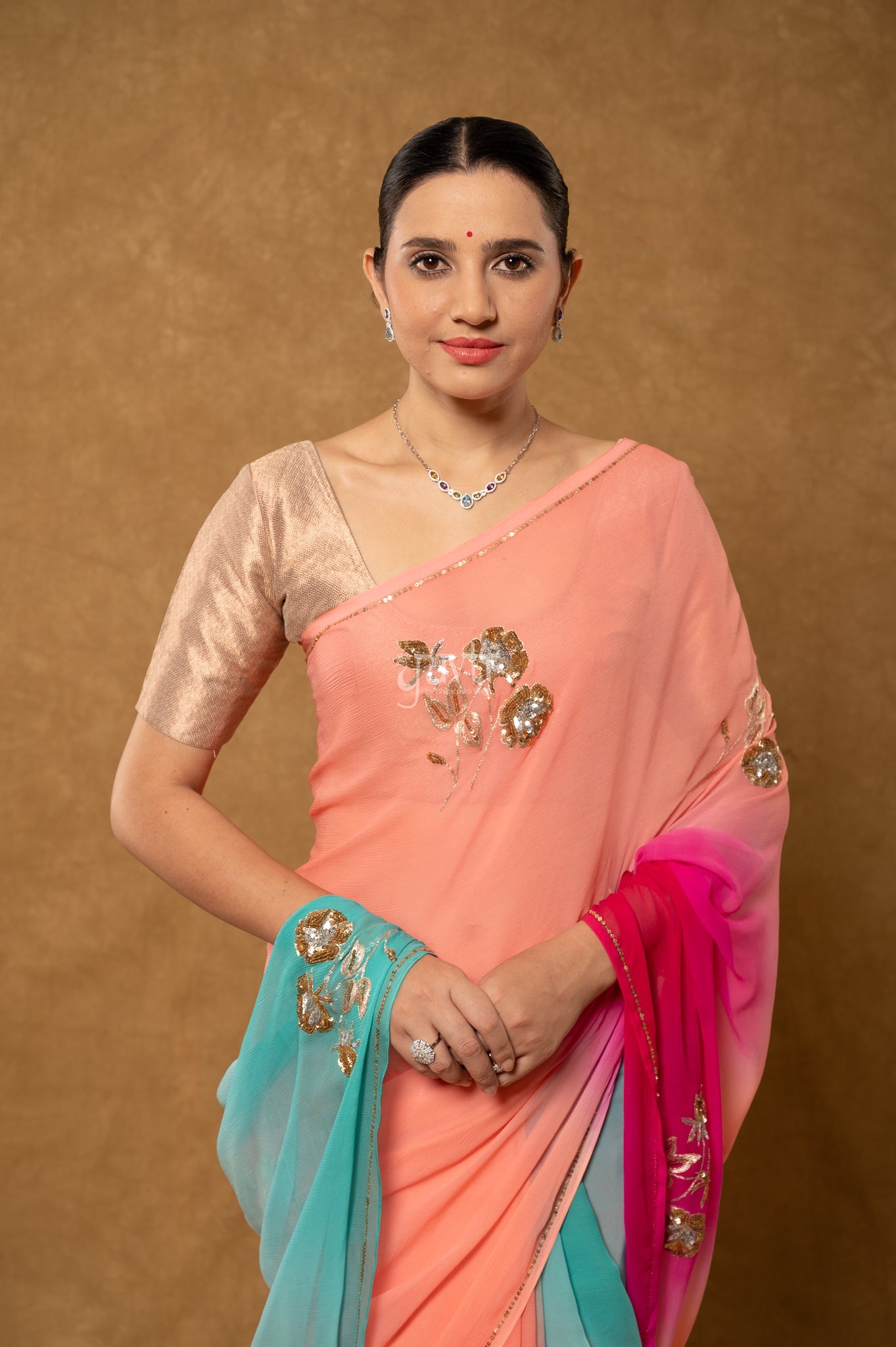 Rani Peach Sky Blue Shaded Pure Chiffon Aari Sequins Motifs ( Butti ) Handwork Party  Saree