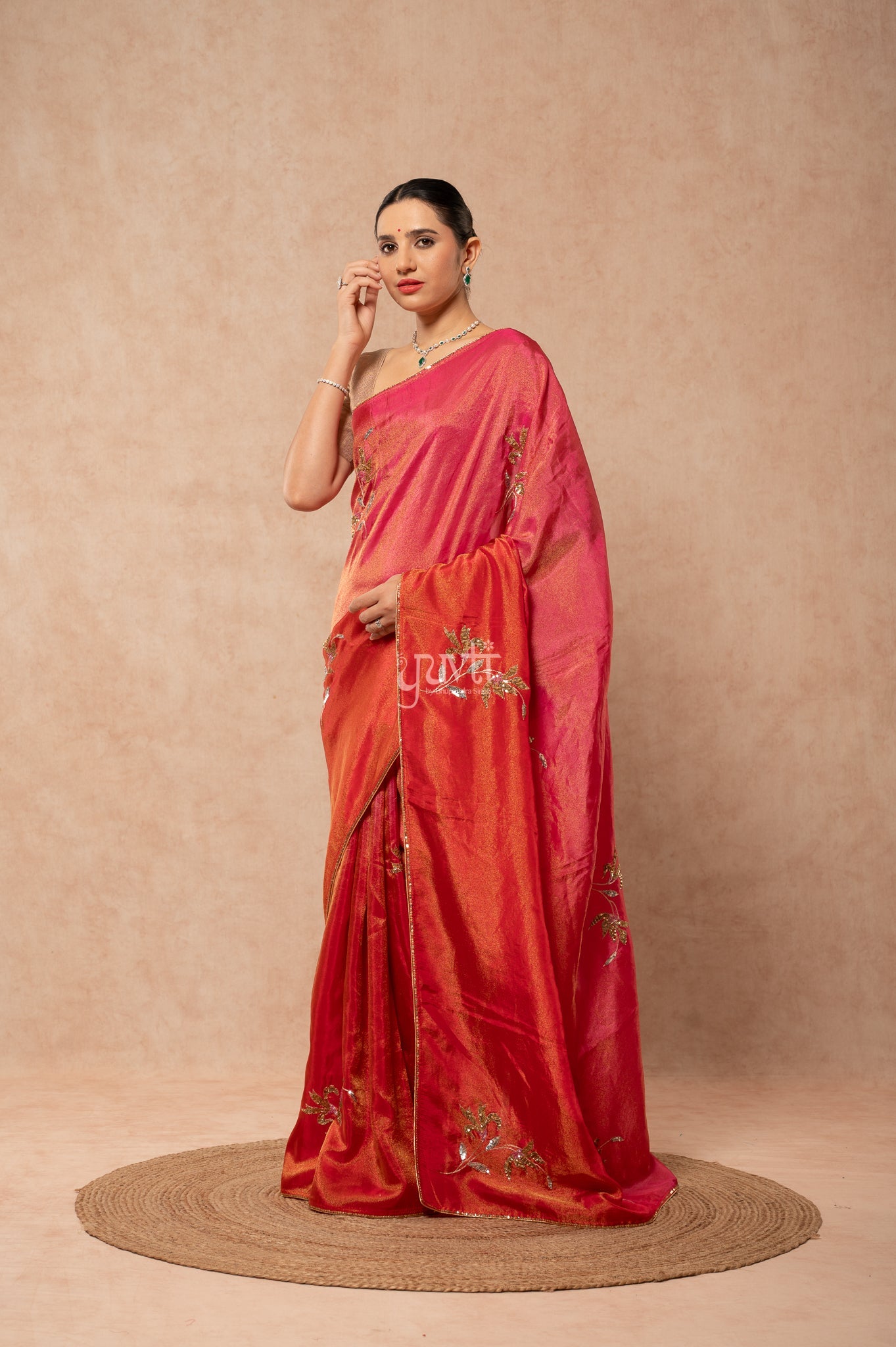 Red Rani Viscose Tissue Aari Sequins Motifs ( Butti ) Handwork Party  Saree