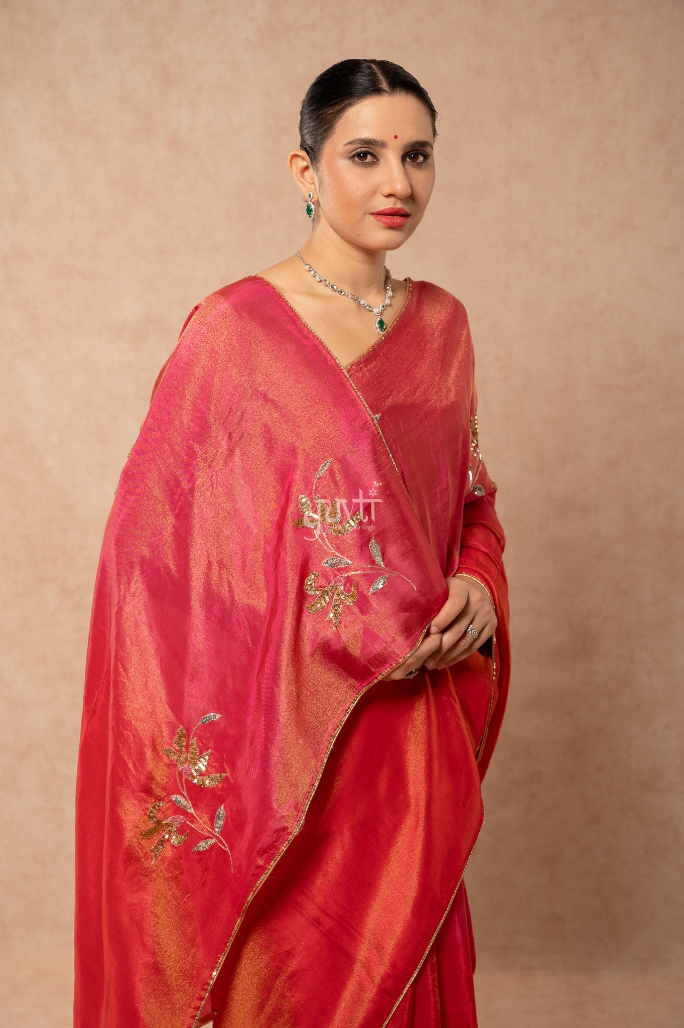 Red Rani Viscose Tissue Aari Sequins Motifs ( Butti ) Handwork Party  Saree