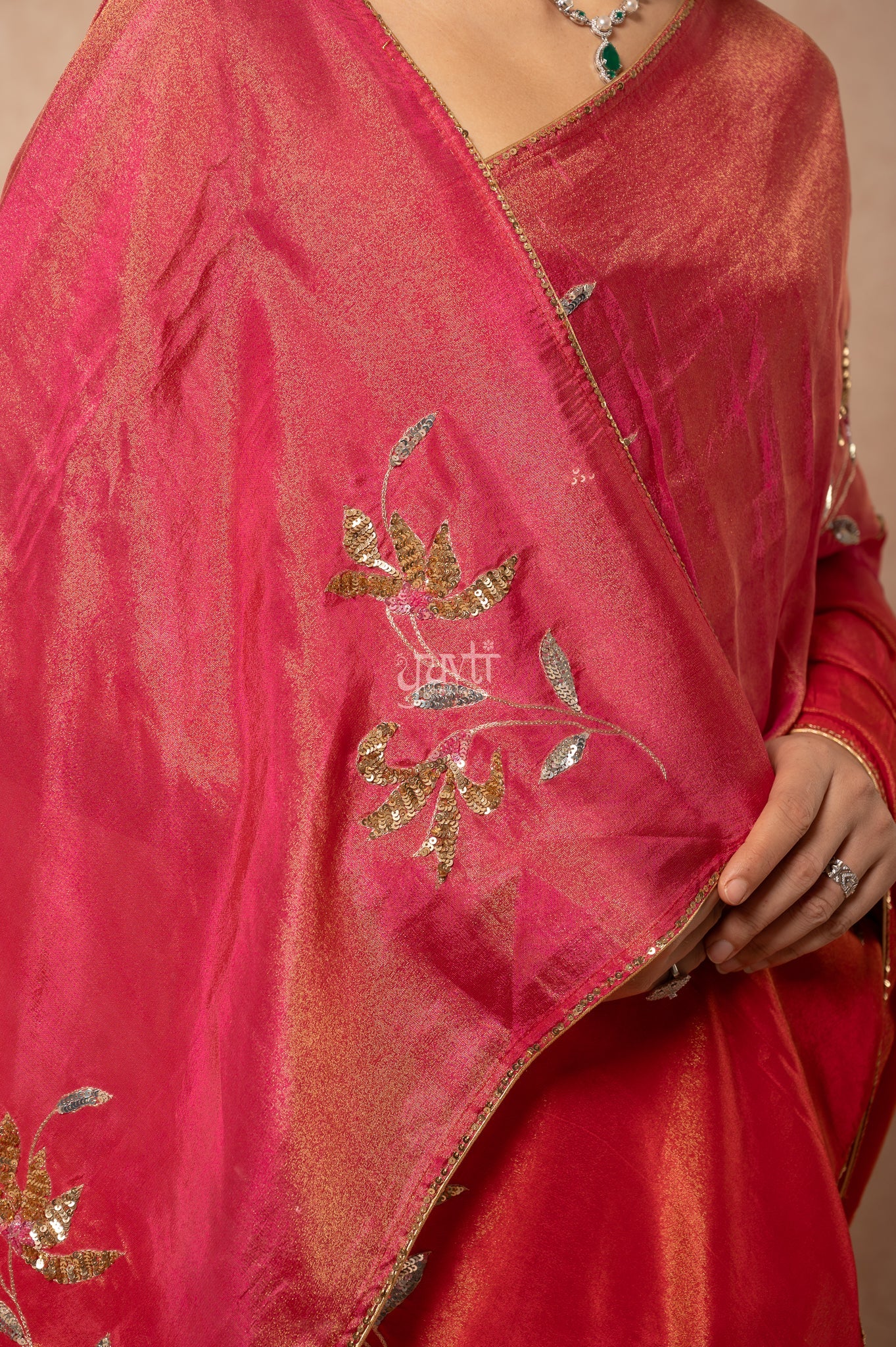 Red Rani Viscose Tissue Aari Sequins Motifs ( Butti ) Handwork Party  Saree