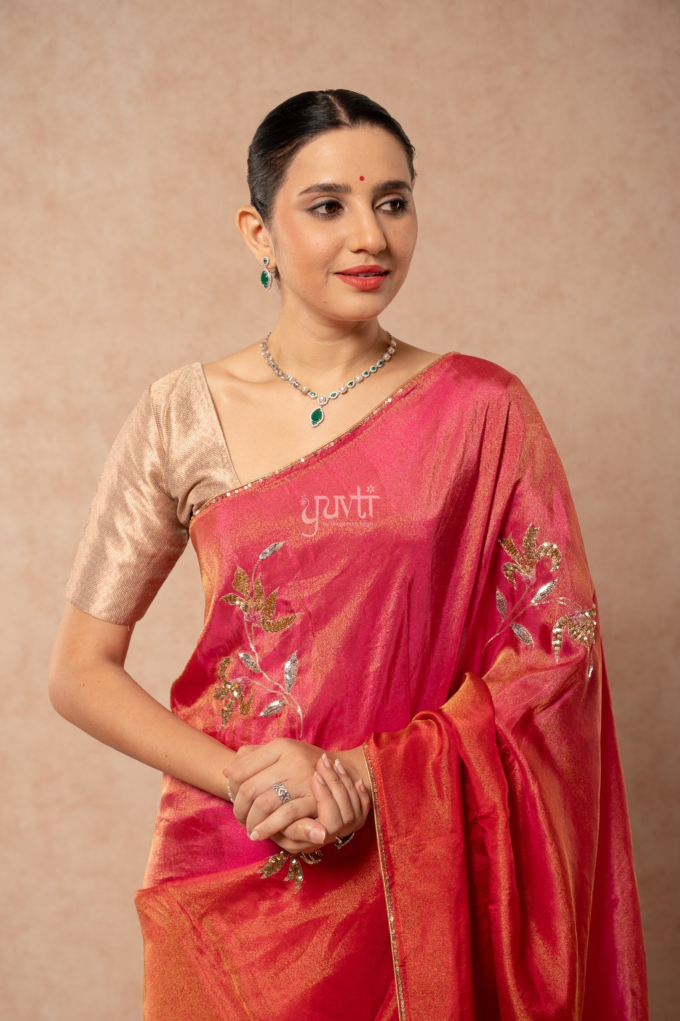 Red Rani Viscose Tissue Aari Sequins Motifs ( Butti ) Handwork Party  Saree