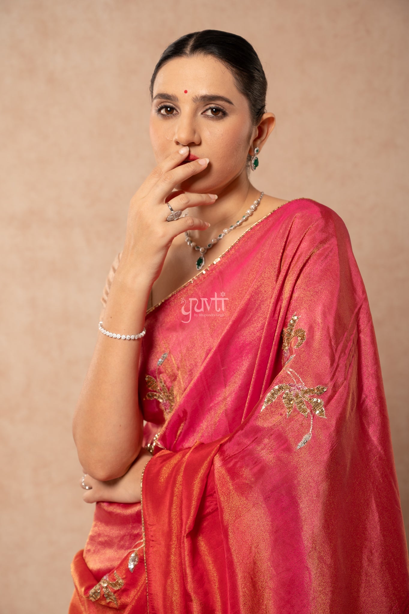 Red Rani Viscose Tissue Aari Sequins Motifs ( Butti ) Handwork Party  Saree