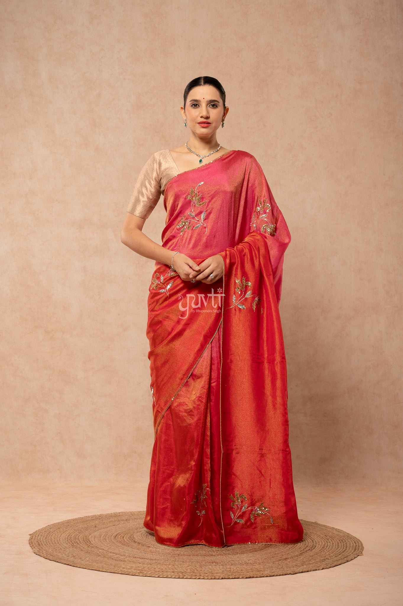 Red Rani Viscose Tissue Aari Sequins Motifs ( Butti ) Handwork Party  Saree