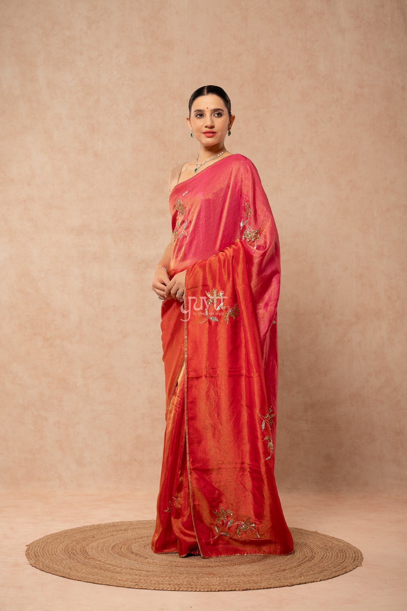 Red Rani Viscose Tissue Aari Sequins Motifs ( Butti ) Handwork Party  Saree