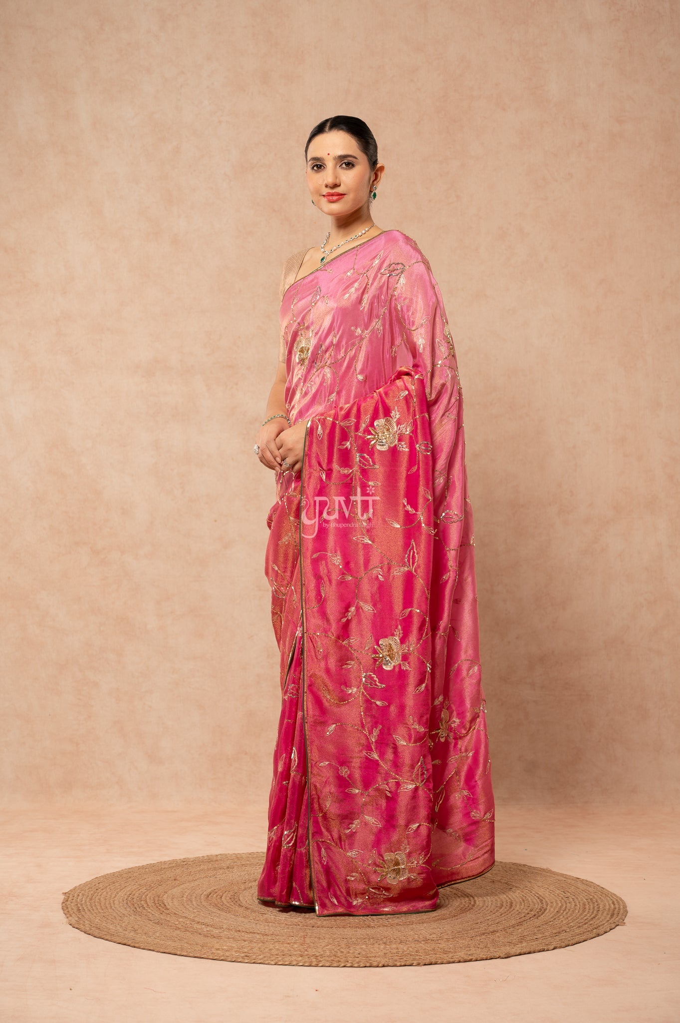 Rani Shaded Viscose Tissue Aari Sequins Jaal Handwork Party  Saree