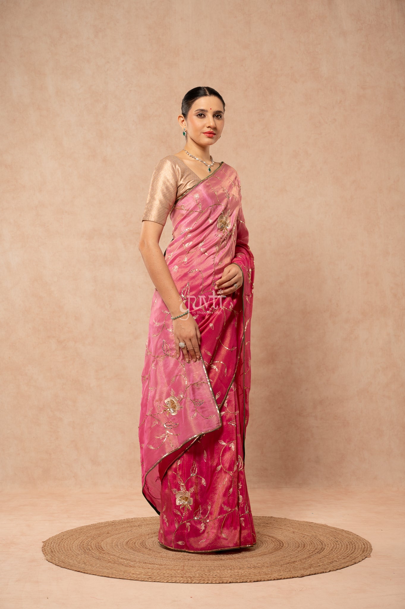 Rani Shaded Viscose Tissue Aari Sequins Jaal Handwork Party  Saree