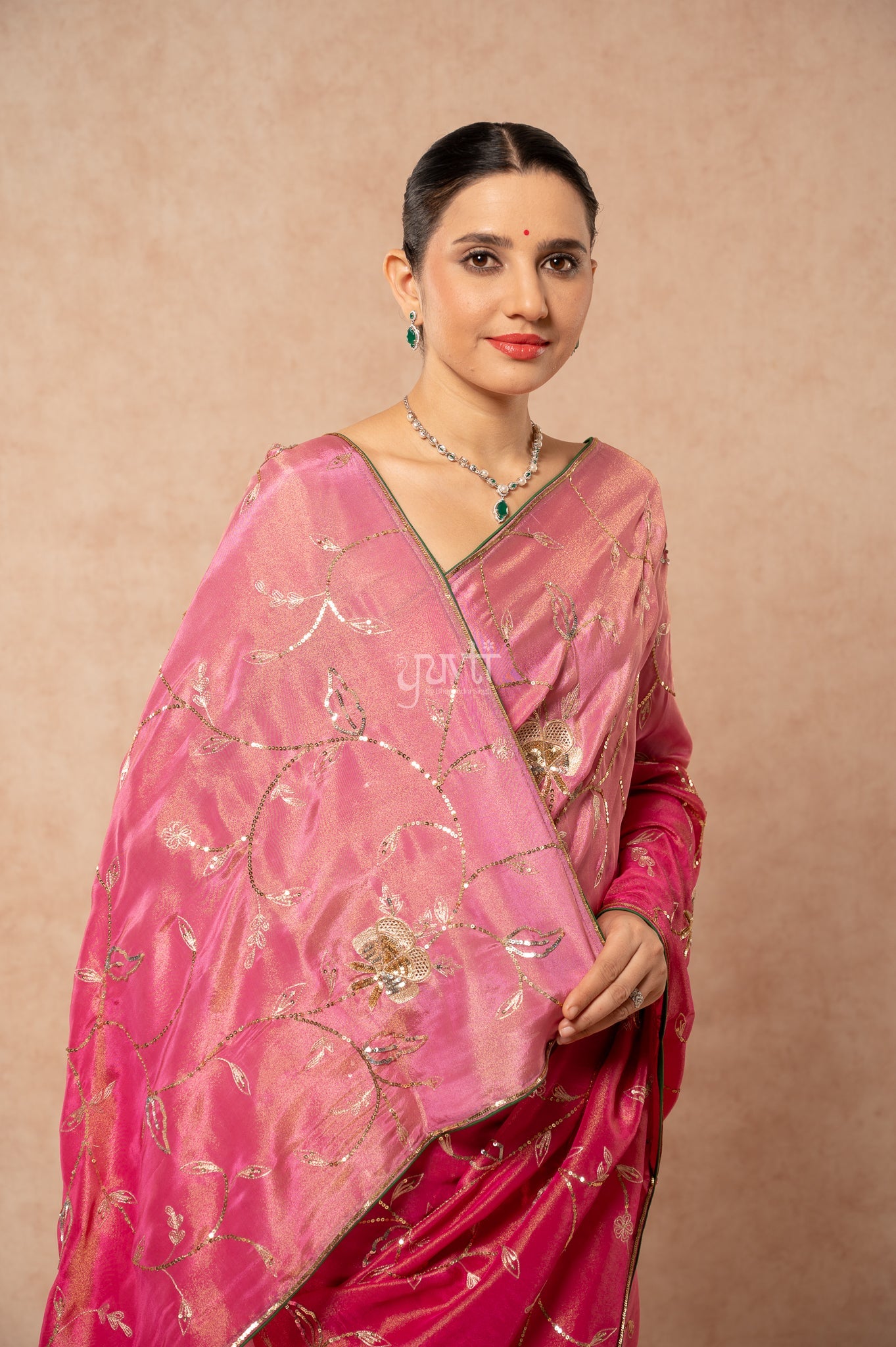 Rani Shaded Viscose Tissue Aari Sequins Jaal Handwork Party  Saree