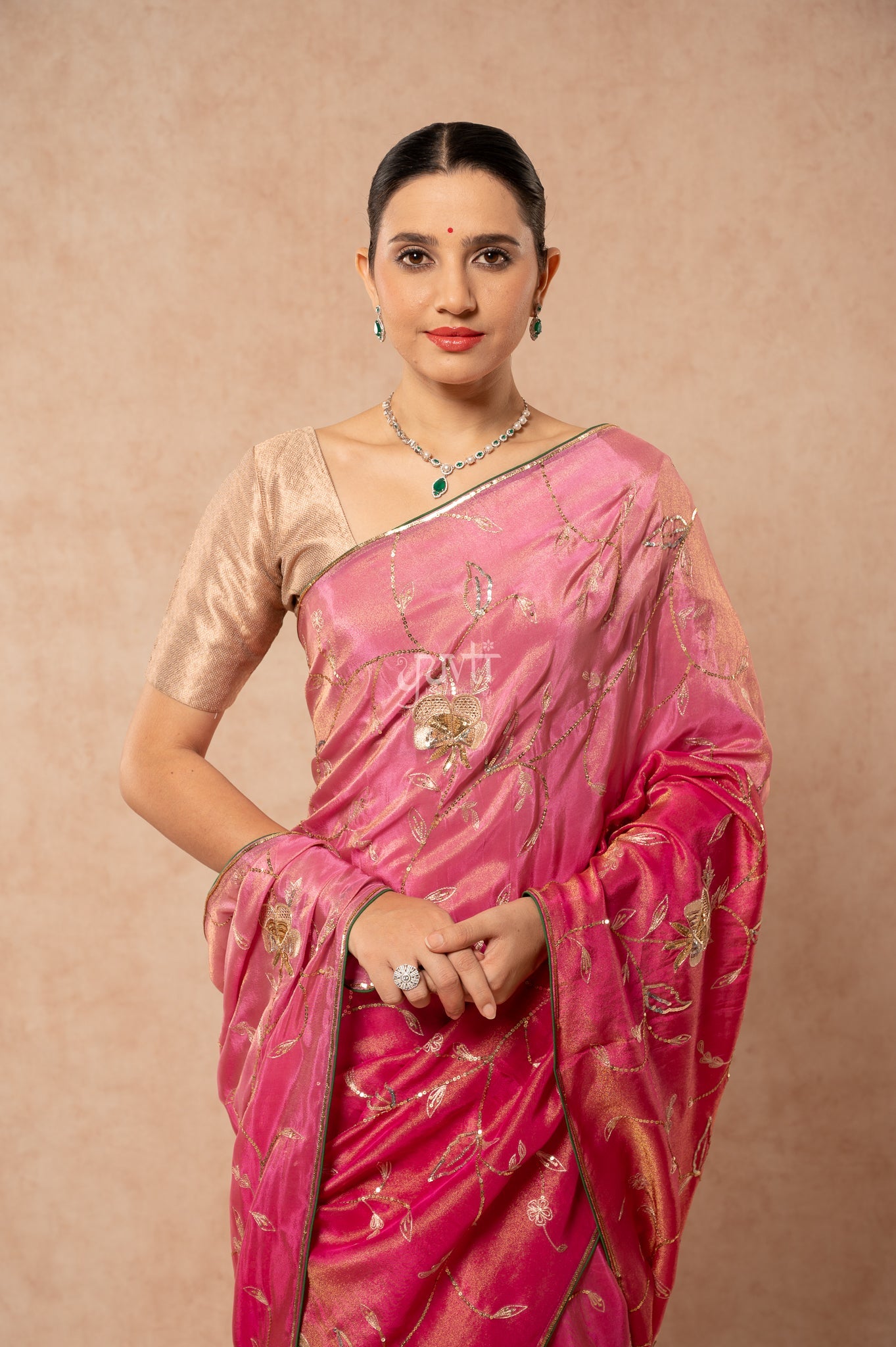 Rani Shaded Viscose Tissue Aari Sequins Jaal Handwork Party  Saree