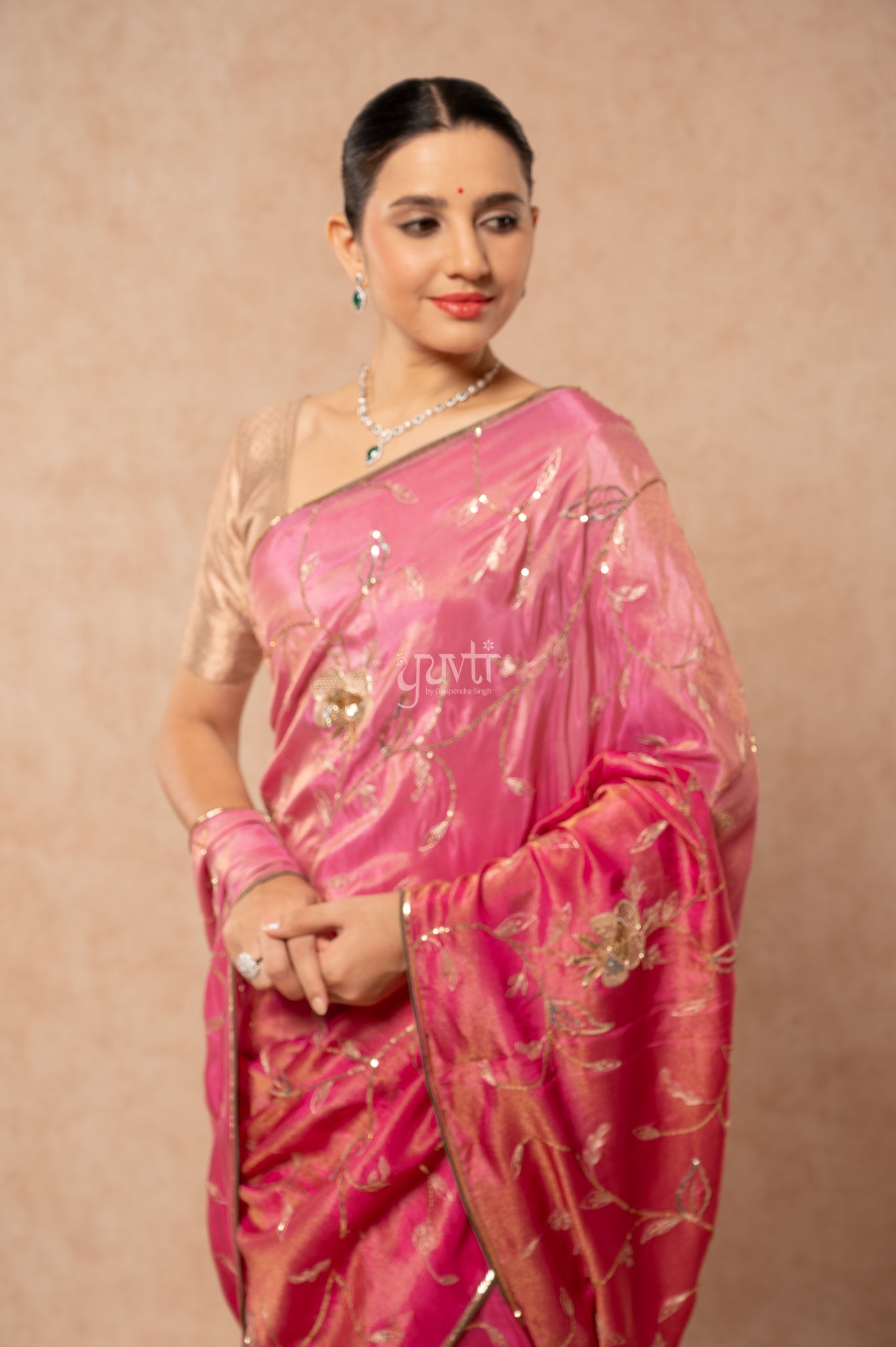 Rani Shaded Viscose Tissue Aari Sequins Jaal Handwork Party  Saree