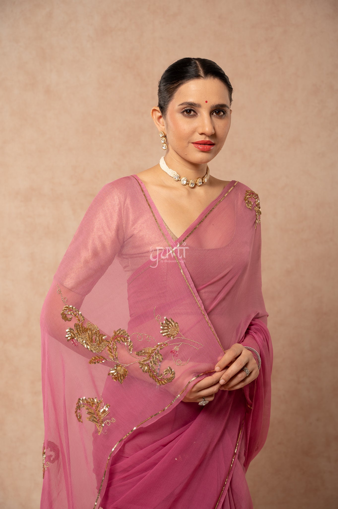Rose Pink Viscose Chiffon Sequins Kardana Motifs ( Butti ) Handwork  Saree
