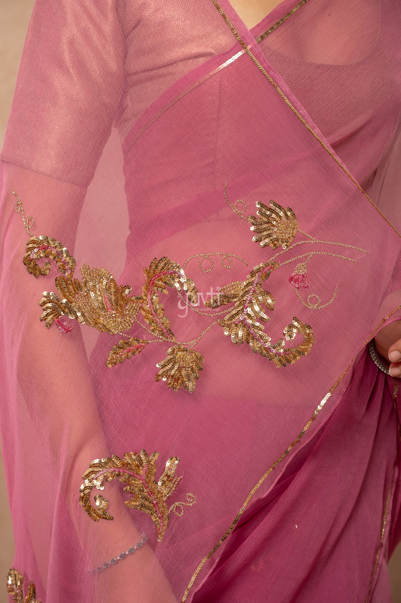 Rose Pink Viscose Chiffon Sequins Kardana Motifs ( Butti ) Handwork  Saree