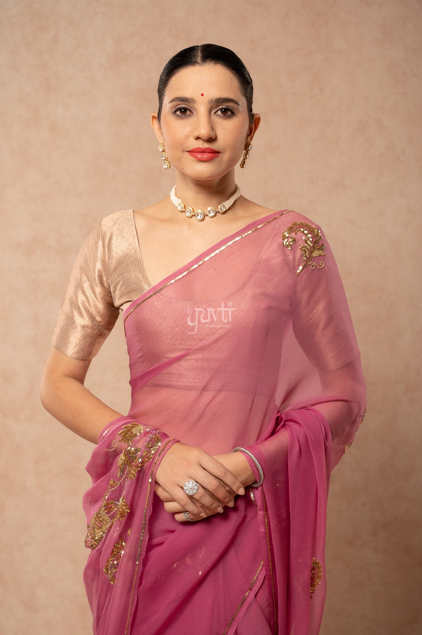 Rose Pink Viscose Chiffon Sequins Kardana Motifs ( Butti ) Handwork  Saree