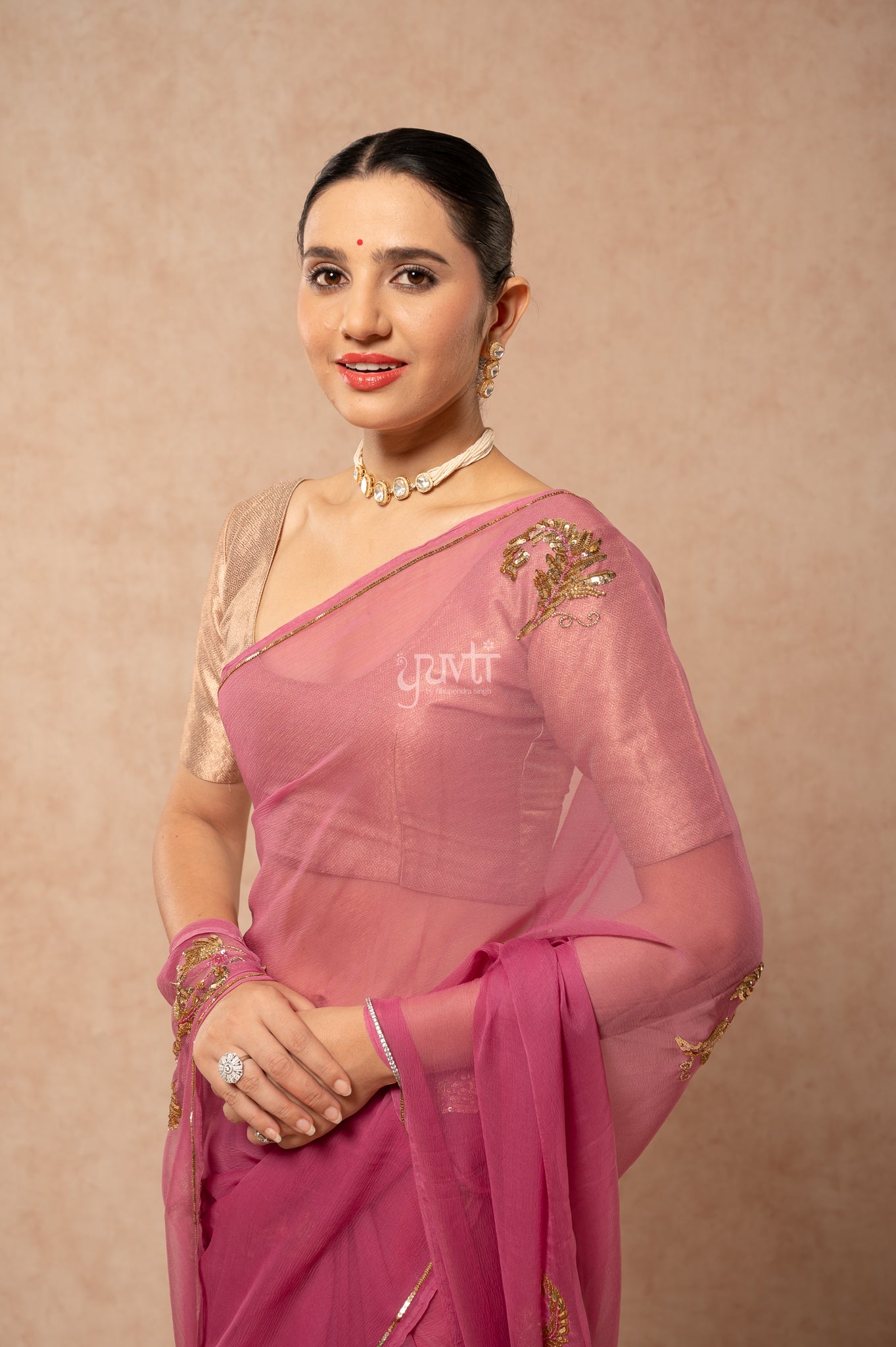 Rose Pink Viscose Chiffon Sequins Kardana Motifs ( Butti ) Handwork  Saree