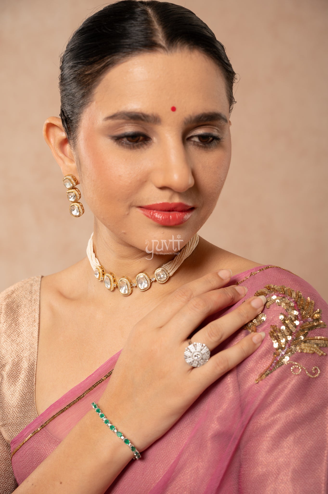 Rose Pink Viscose Chiffon Sequins Kardana Motifs ( Butti ) Handwork  Saree